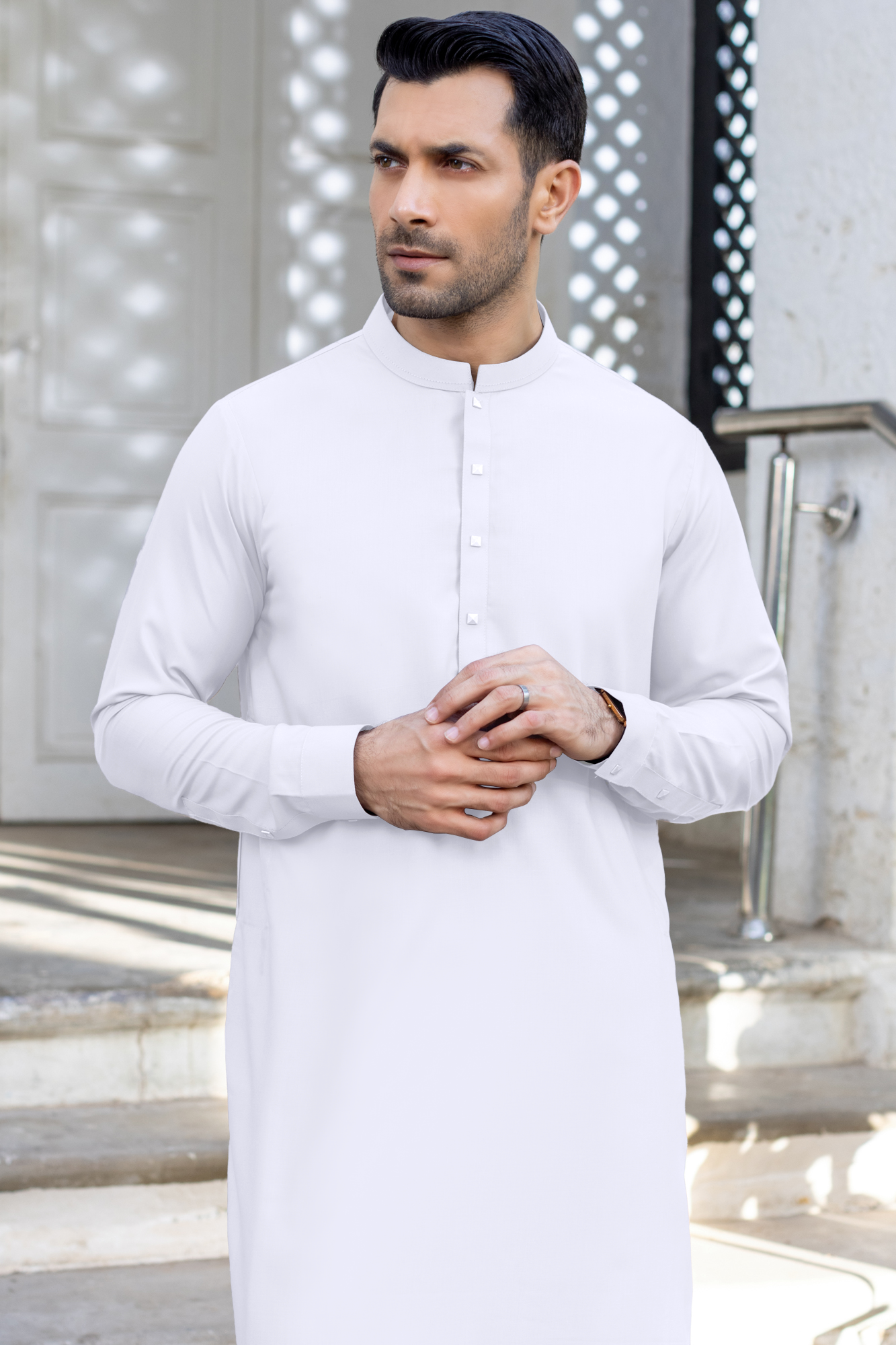 EID Pearl White Square Button with Logo Shalwar Suit