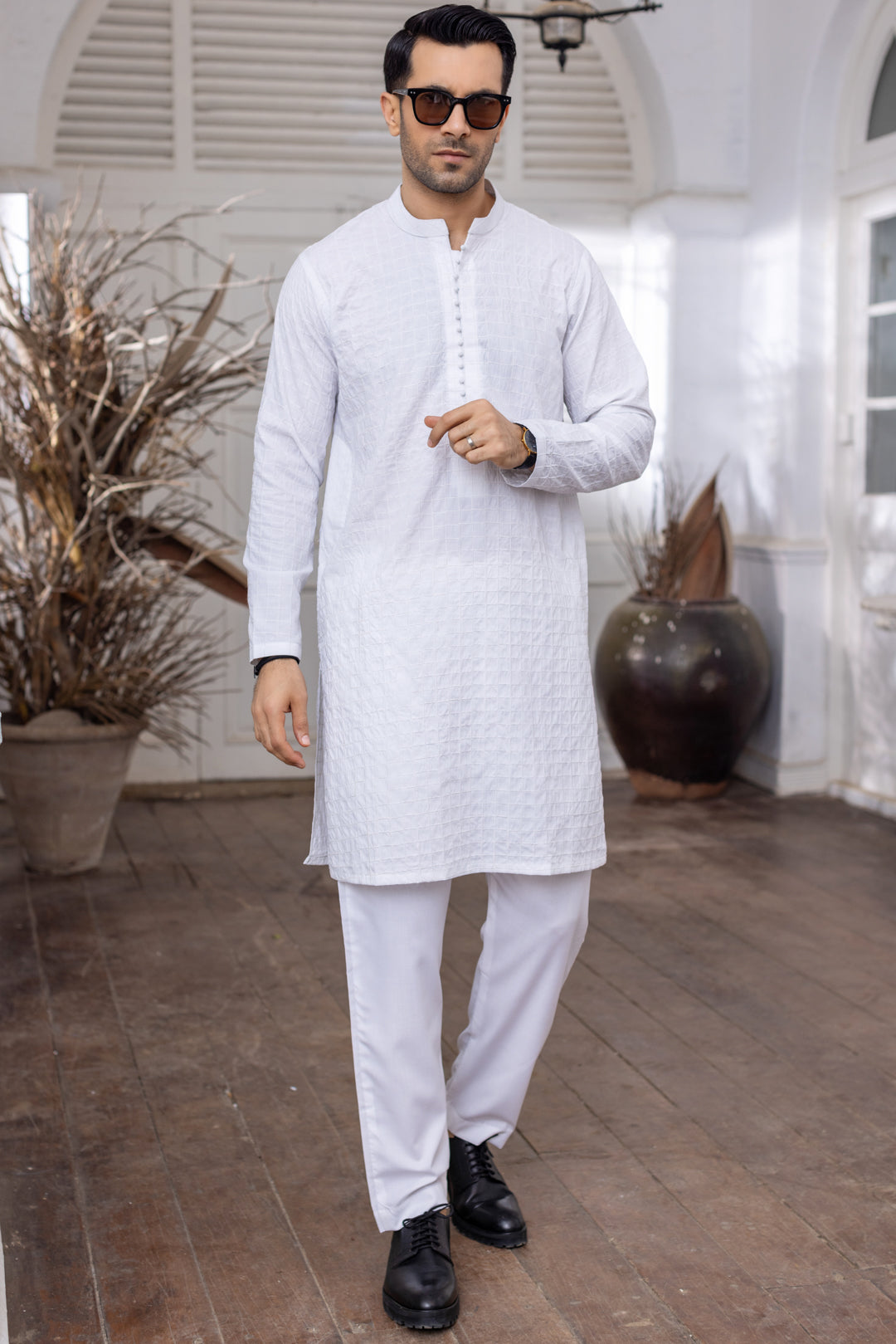 EID Special Allover Box Embroidered Collection with Trouser - Eggwhite