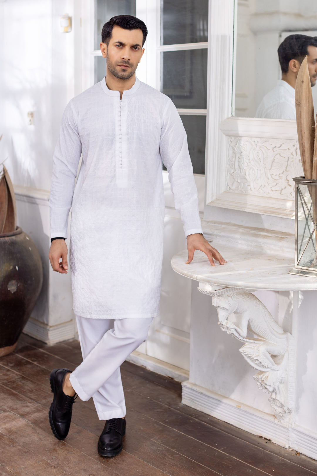 EID Special Allover Box Embroidered Collection with Trouser - Eggwhite