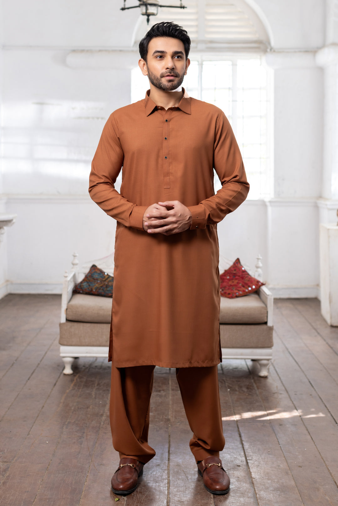 Nawabi Stitched Suit with Shalwar - Rust