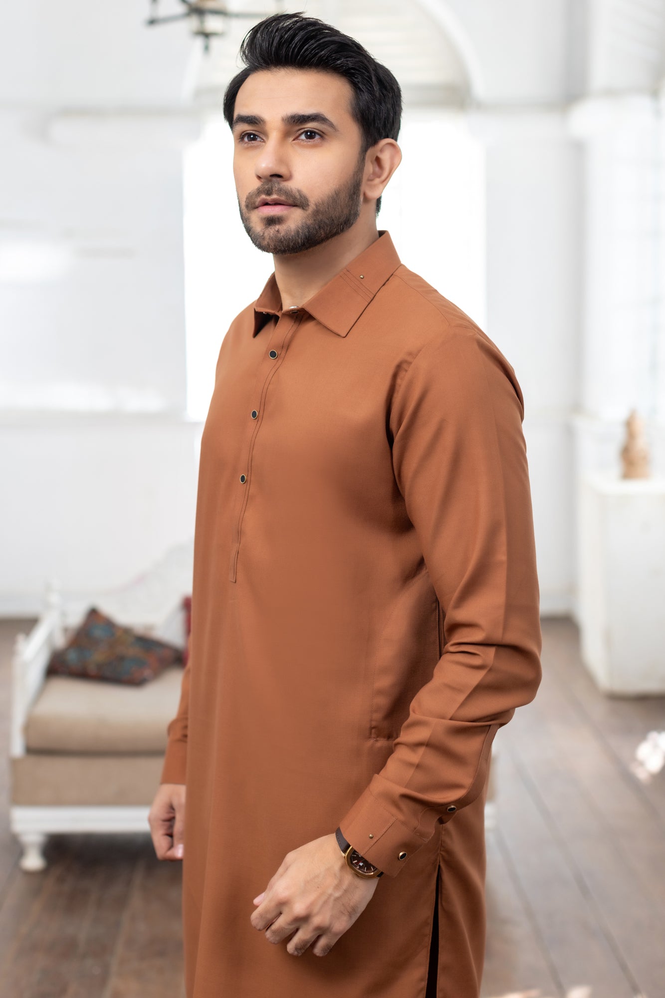 Nawabi Stitched Suit with Shalwar - Rust