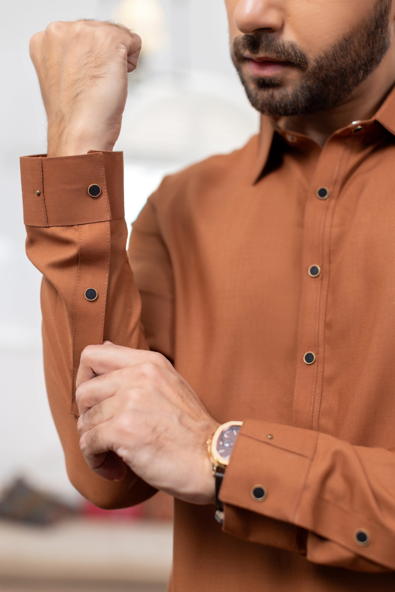 Nawabi Stitched Suit with Shalwar - Rust