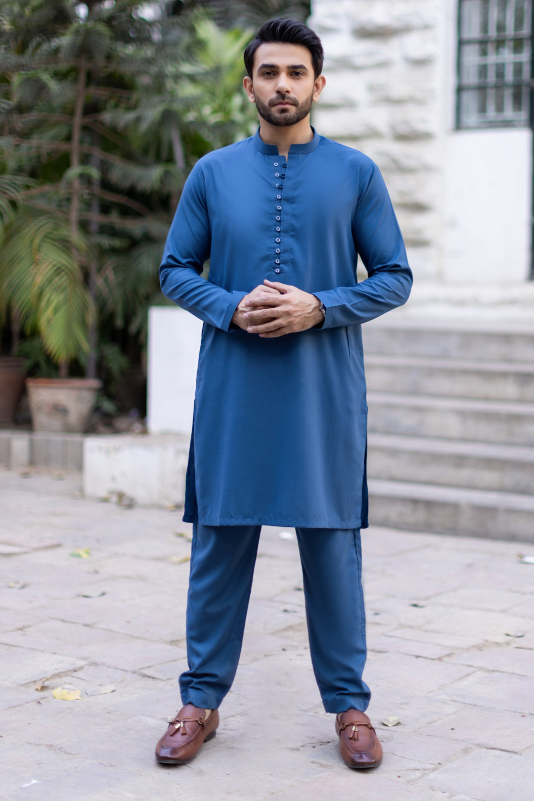 Denim Blue Hook Button Stitched Suit with Trouser
