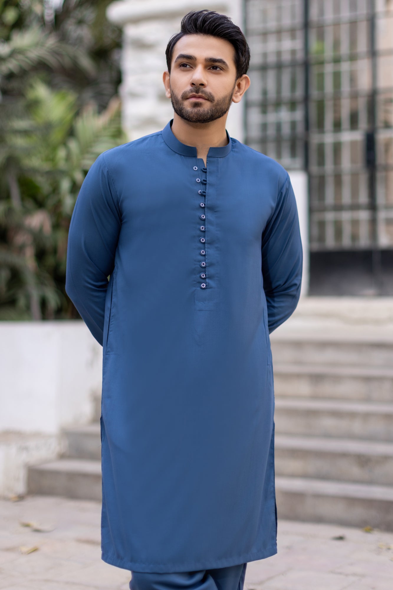 Denim Blue Hook Button Stitched Suit with Trouser
