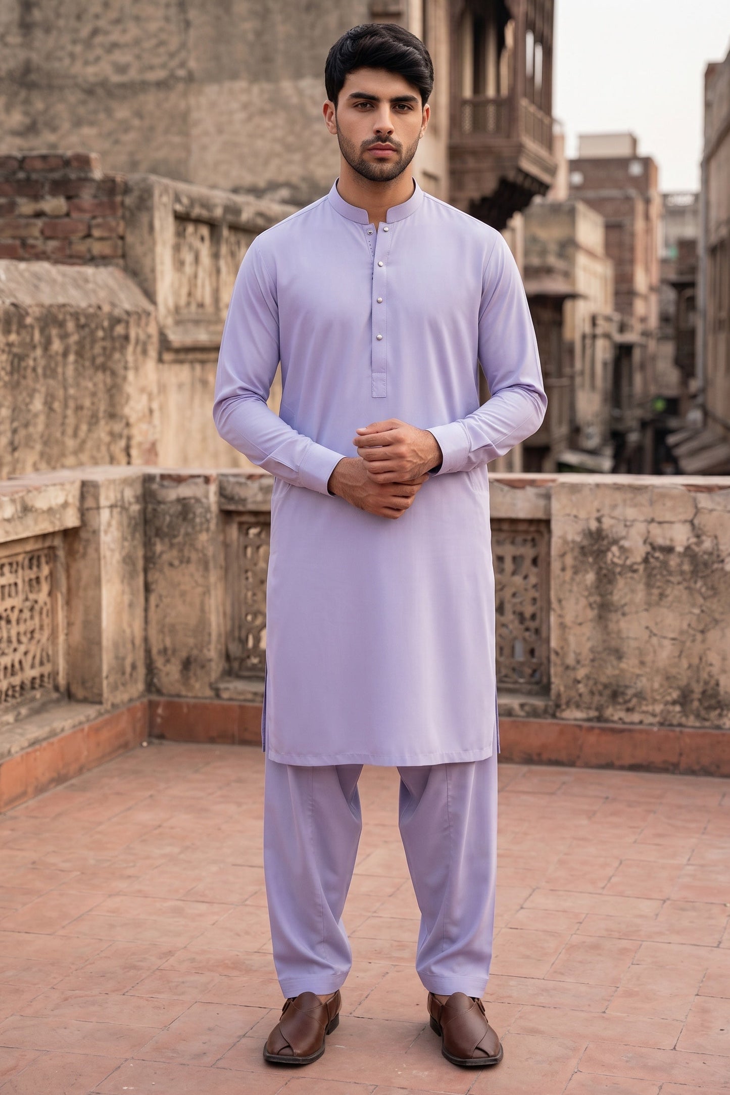 Stitched Shalwar Kameez with Ban and inside Champa bite stitch-Lavendar purple