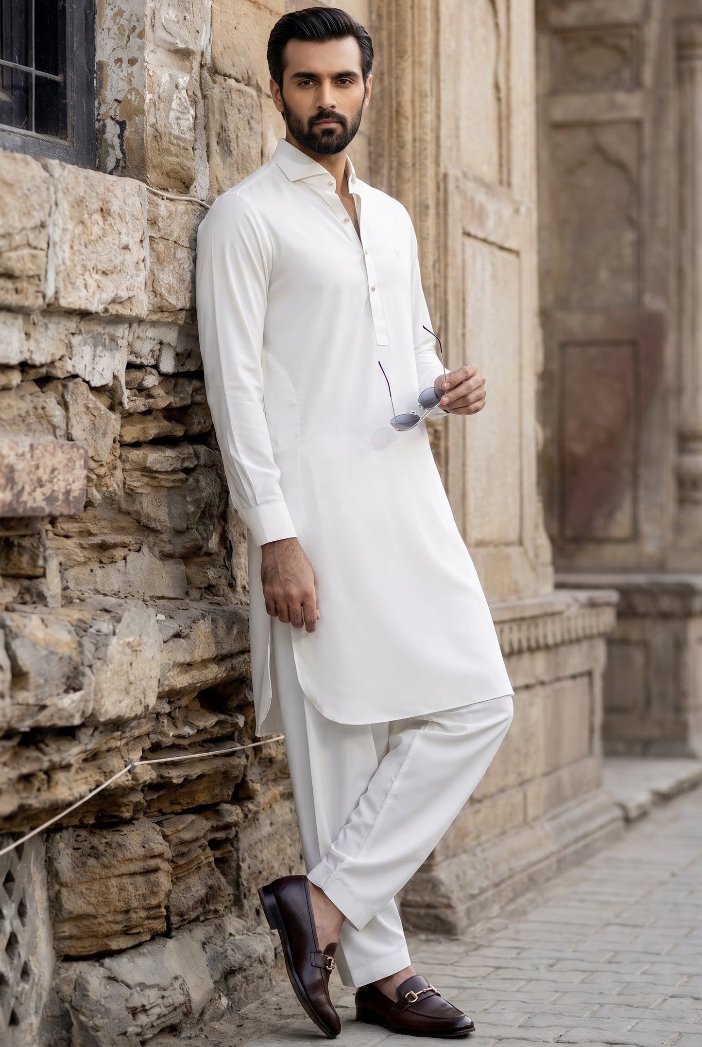 french cutaway collar shalwar kameez Egg-white