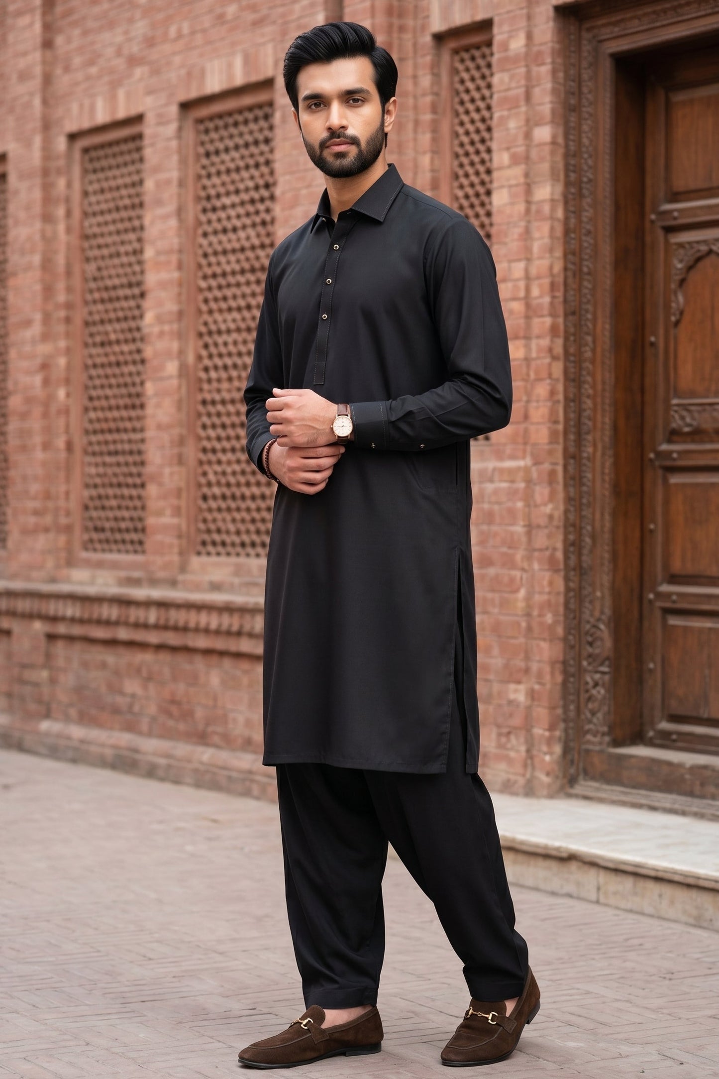Stitched Cutway collar with golden outline Shalwar Kameez - Black