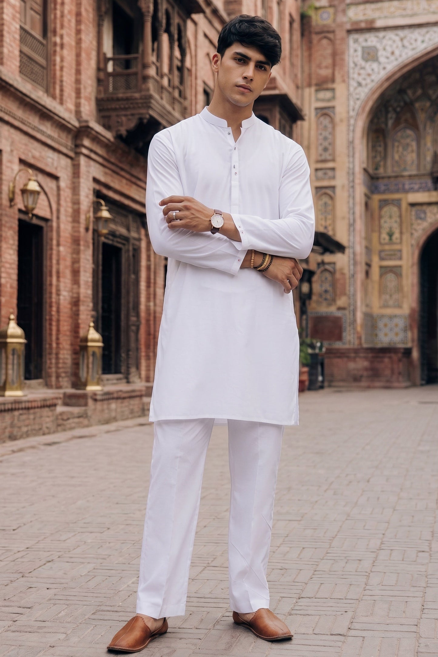 Stitched Kurta trouser with gumpatti ban Egg-white