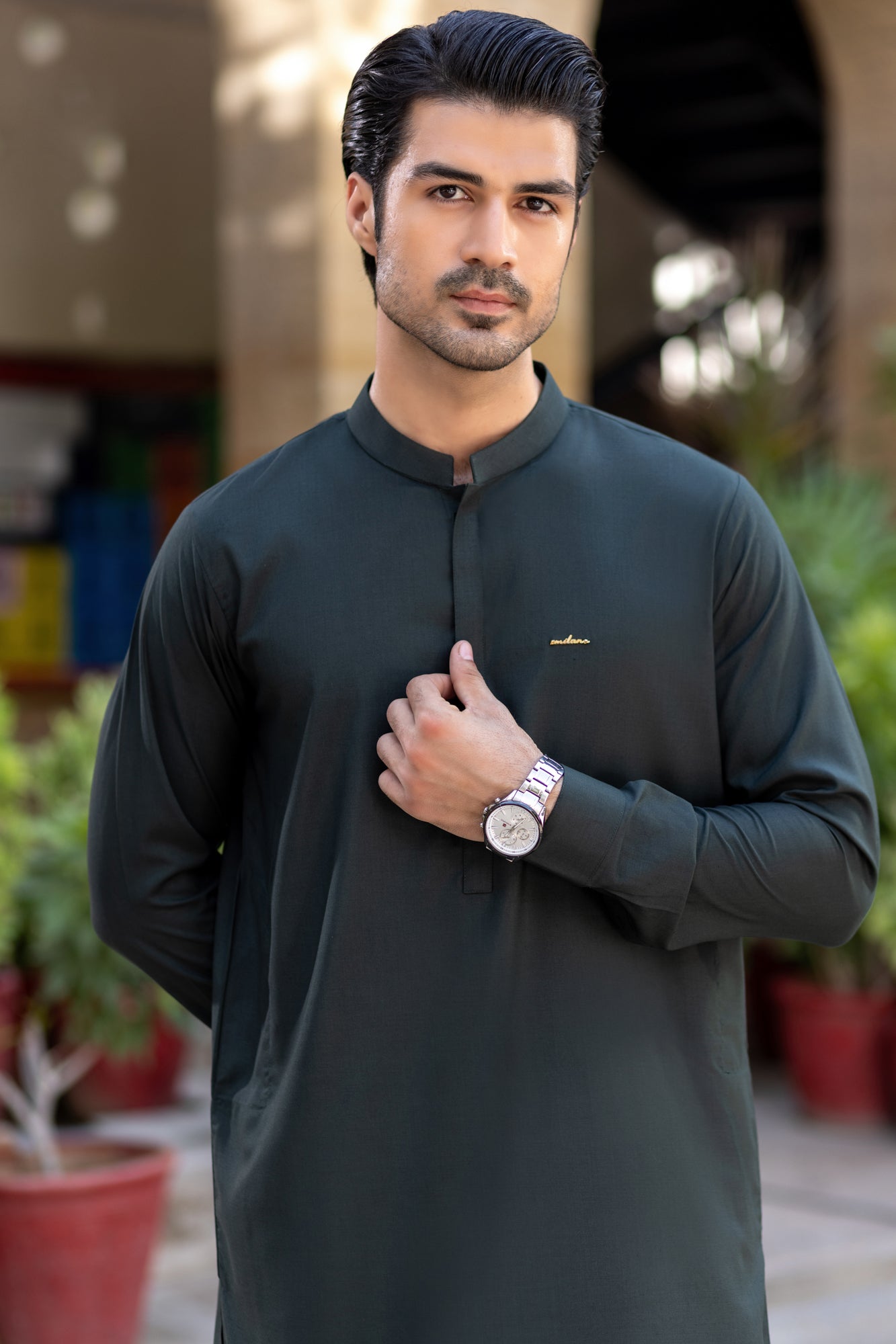 Sea-green with gumpatti and badge signature xmilano, matching plastic button