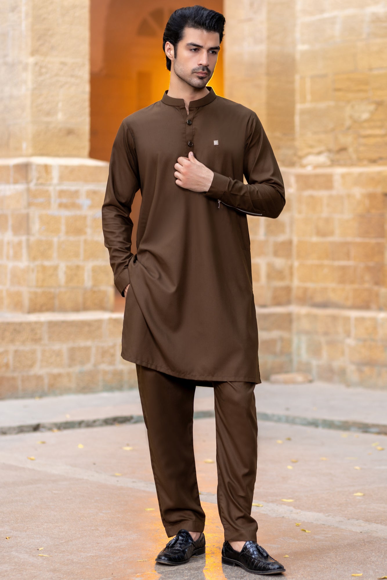 Metallic zips Kurta Trouser-Chocolate brown