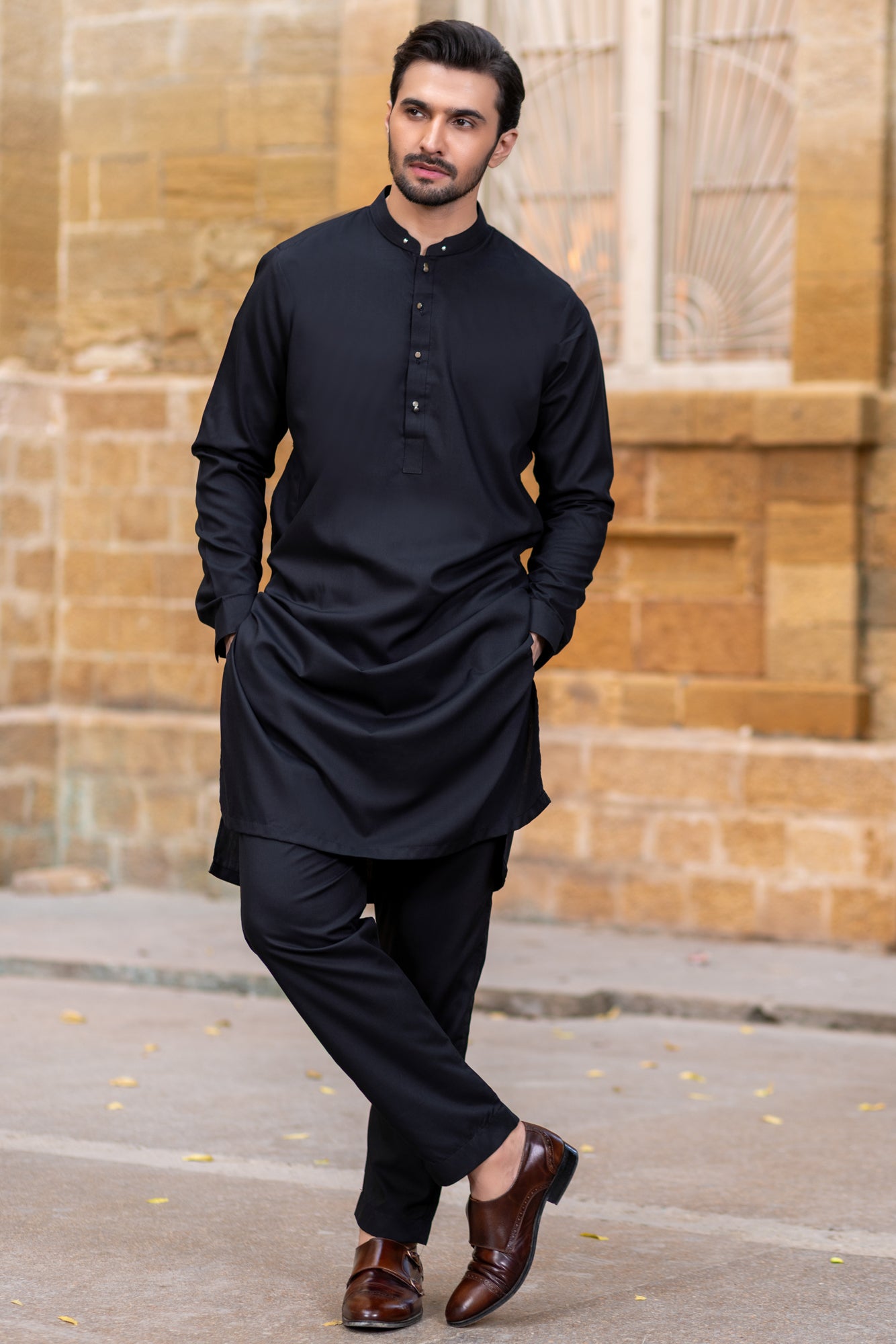Double silver shine small button Kurta Trouser -Black