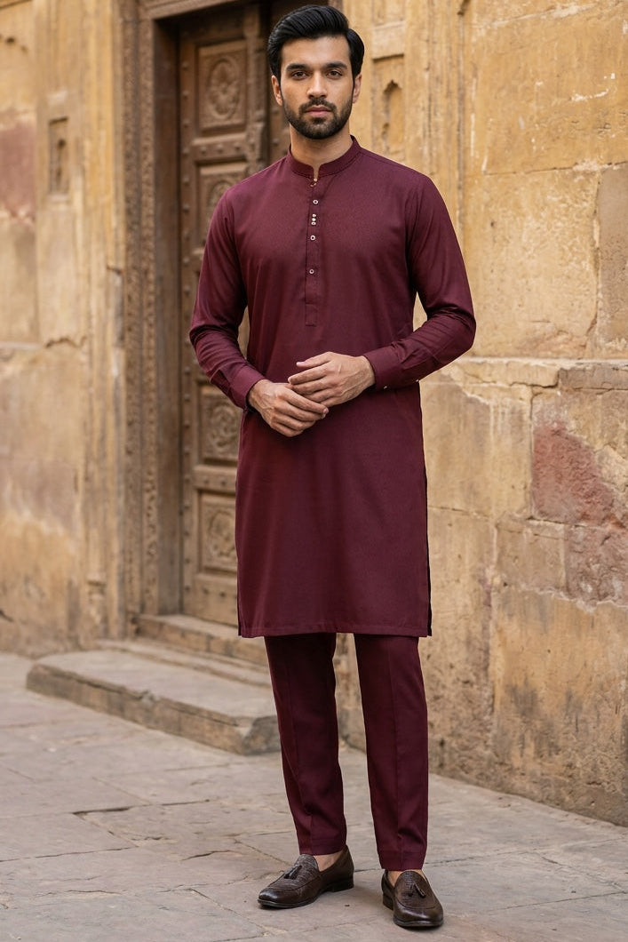 Festive Collection Stitched All Season Blended Ban Suit -Wine