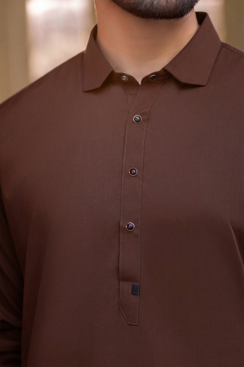 French cut collar Shalwar Kameez- Rust