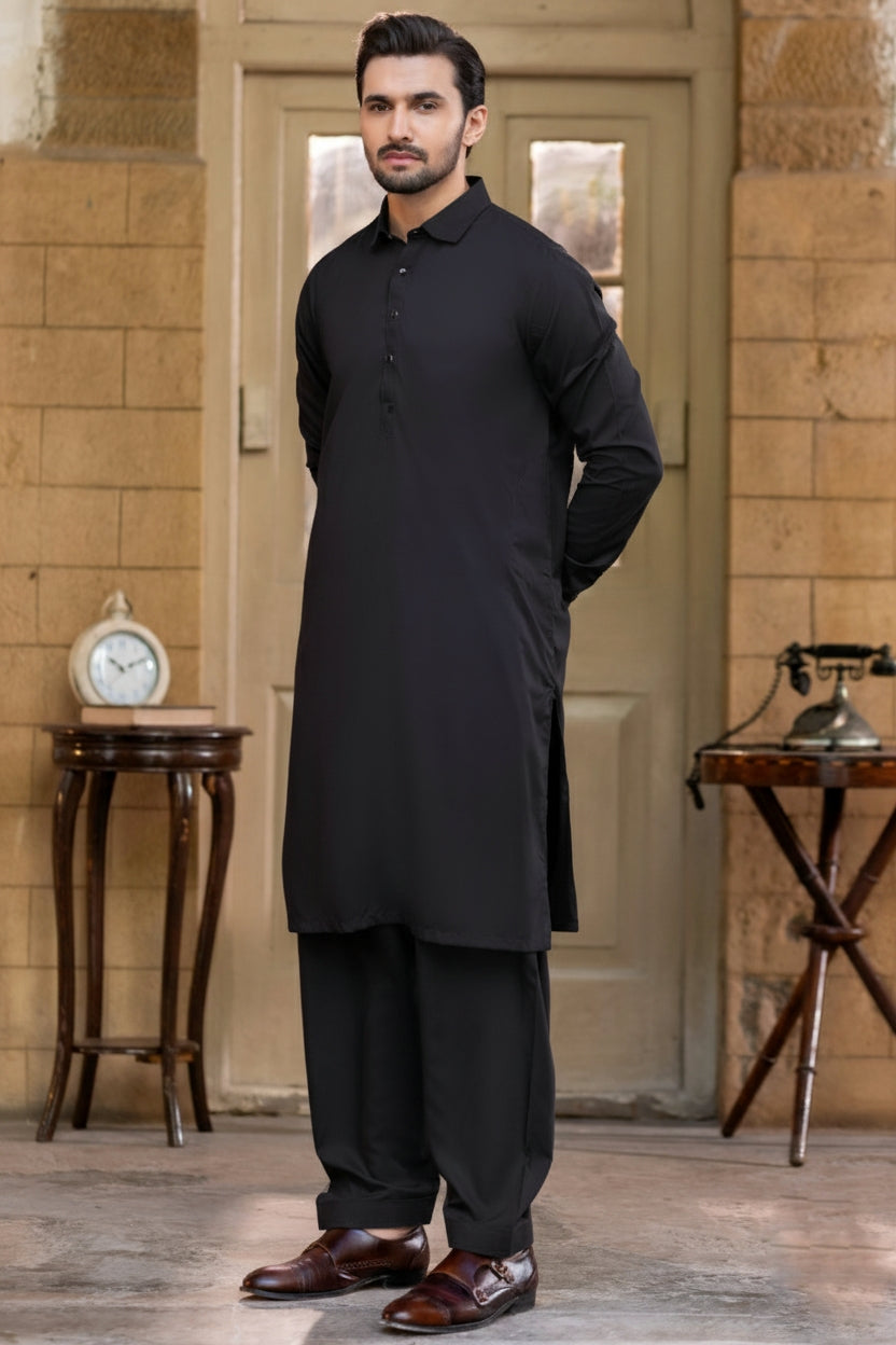 French cut collar Shalwar Kameez-Black