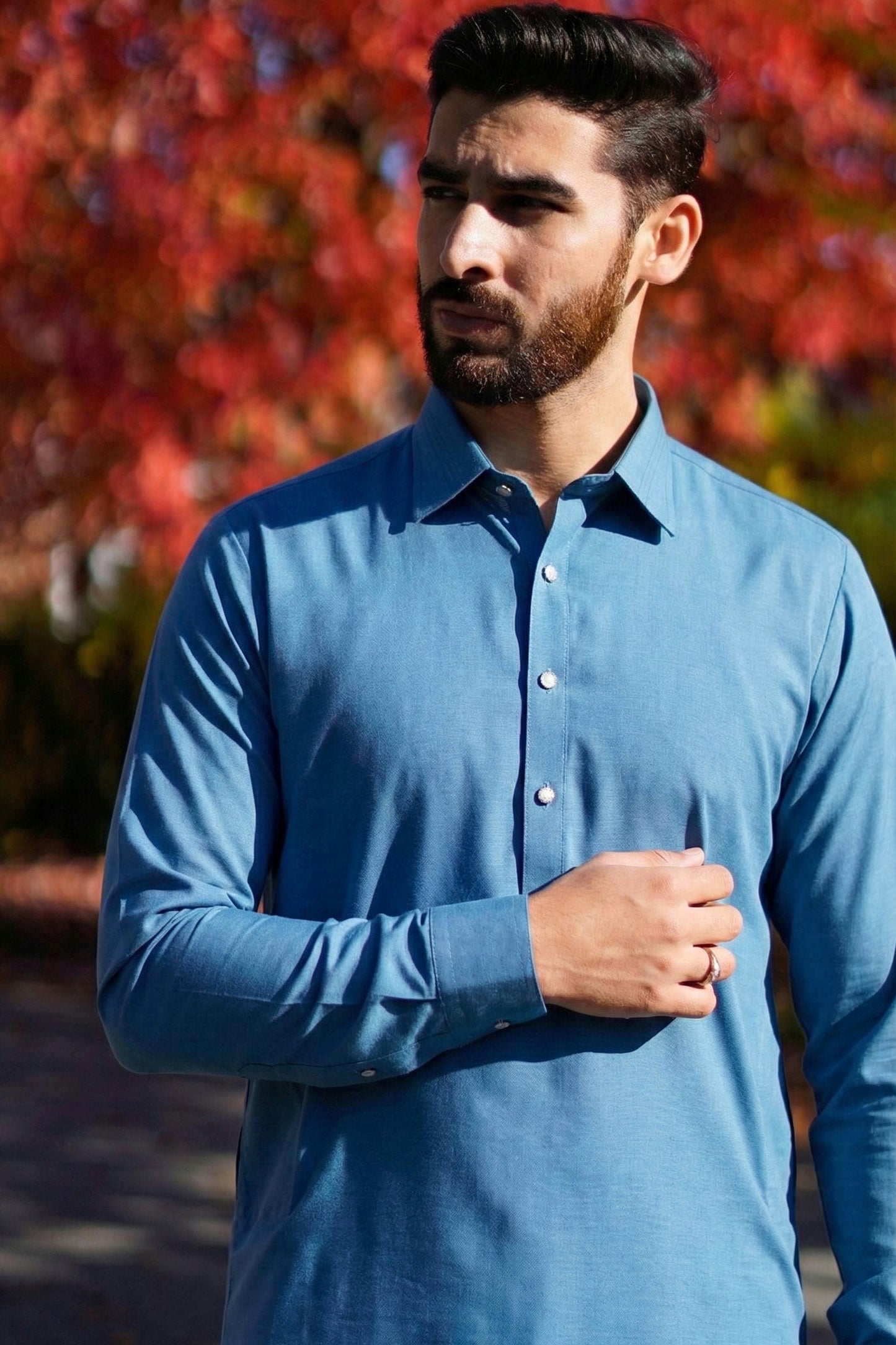 Stitched Crisp Fall Collar Shalwar Kameez Suit - SeaBlue