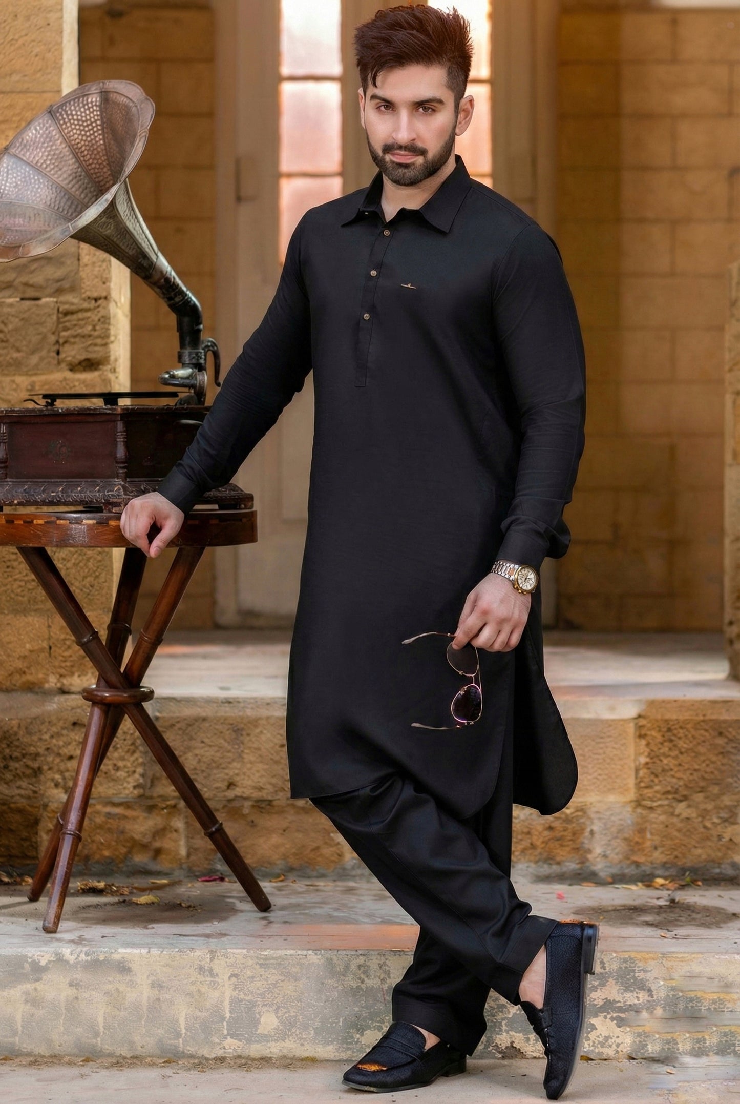 Black with gol gehra wide french collar & desing golden snap button, badge logo signature Collar