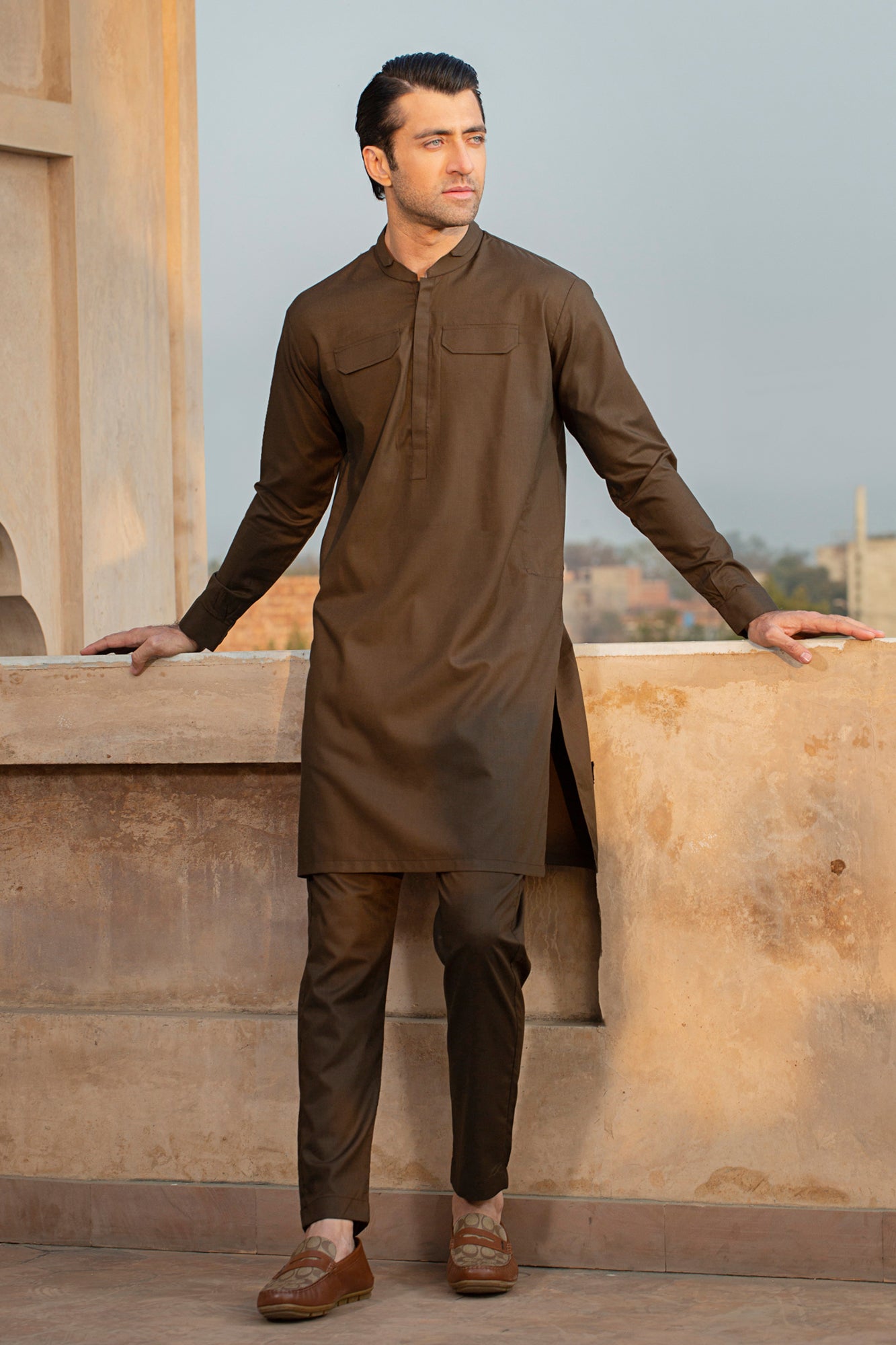 Stitched Arabic Cargo Suit - Brown