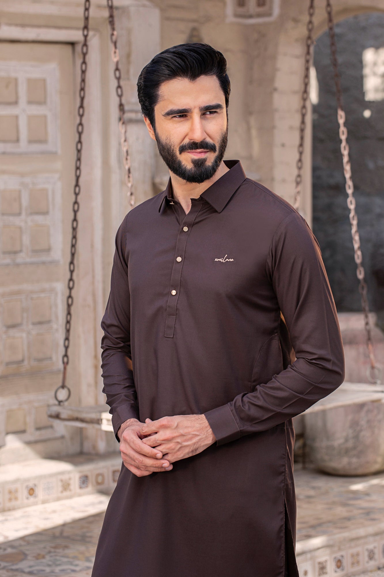 Signature Golden Button Stitched Suit - Chocolate
