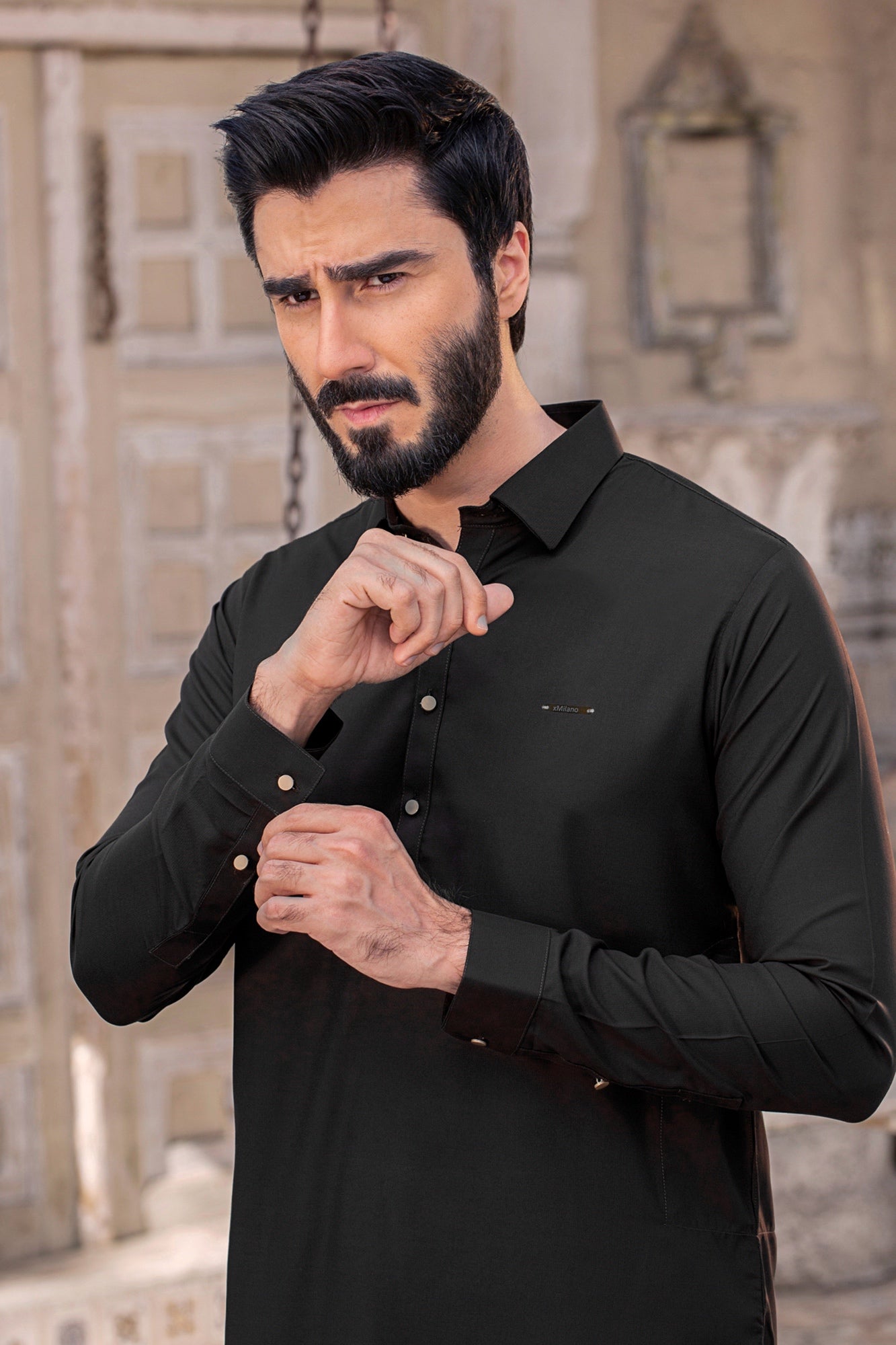 Modern Stitched Kameez Shalwar Suit with Badge - Black