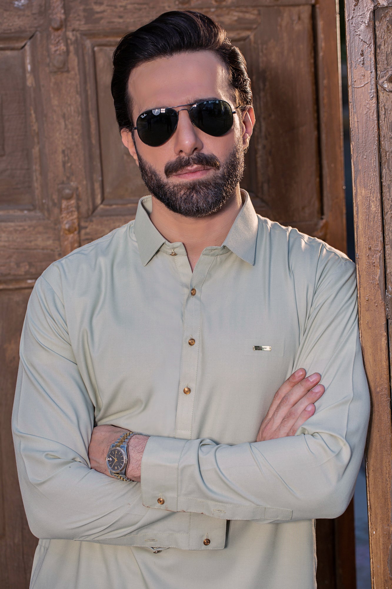 Shalwar Kameez with French Collar and Laser Logo - Rich Cream