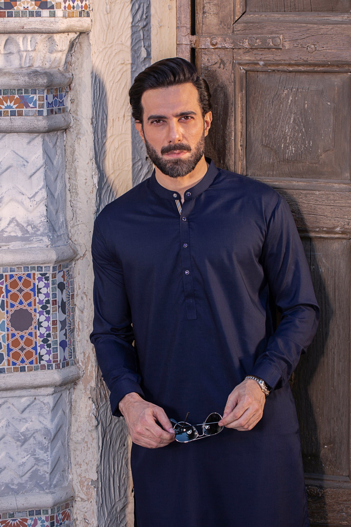 Nawabi Metal Glass Button Stitched Suit with Shalwar - Dark Purple