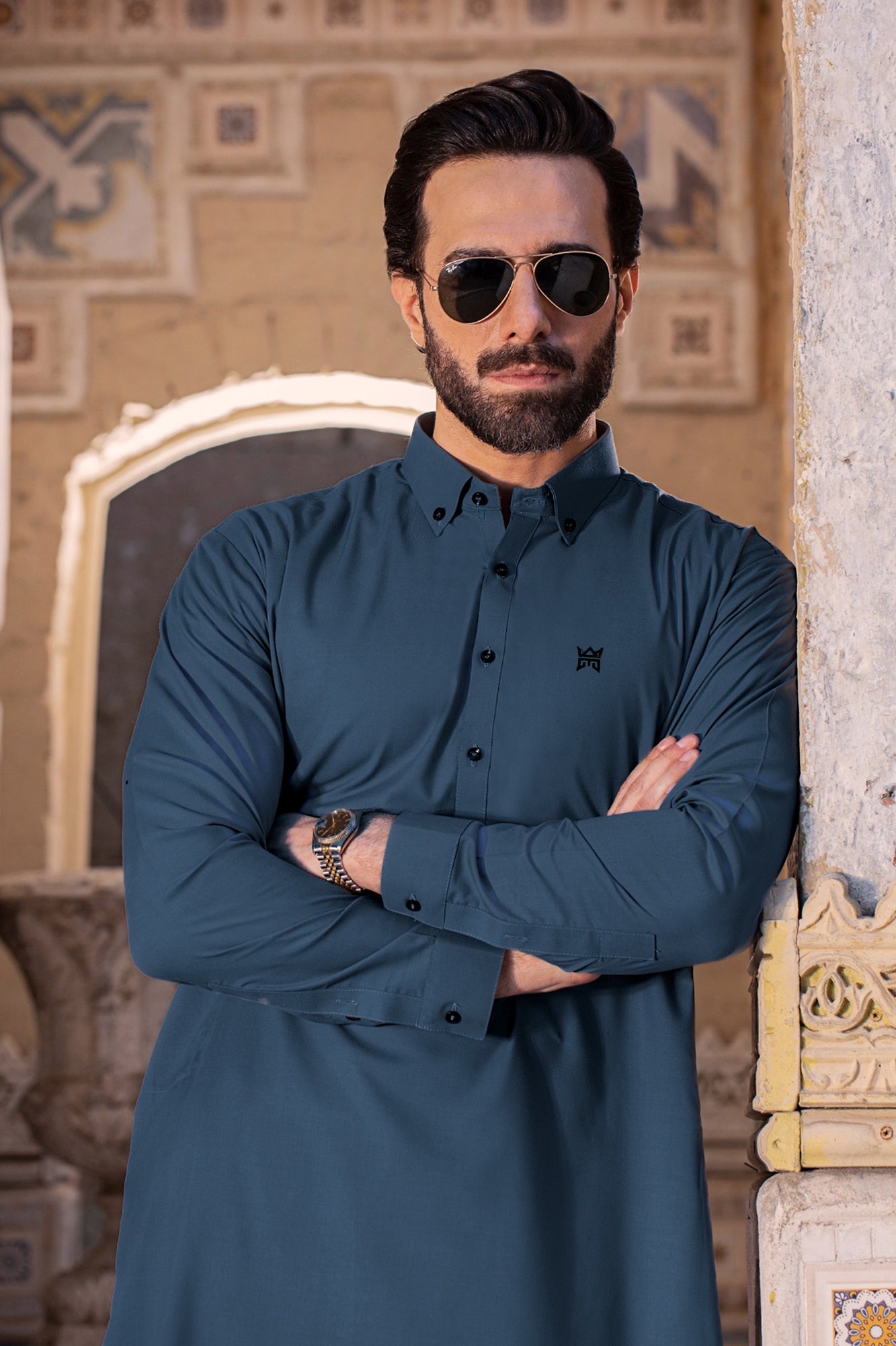 Button Down Stitched Suit with Shalwar - Zinc