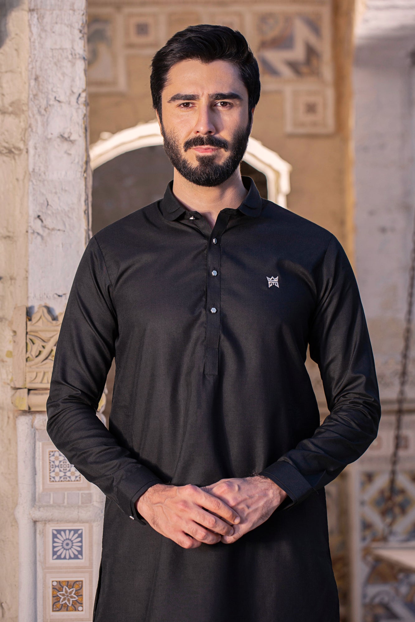 Shine Black Stitched Suit with 3D Metal Button - Black