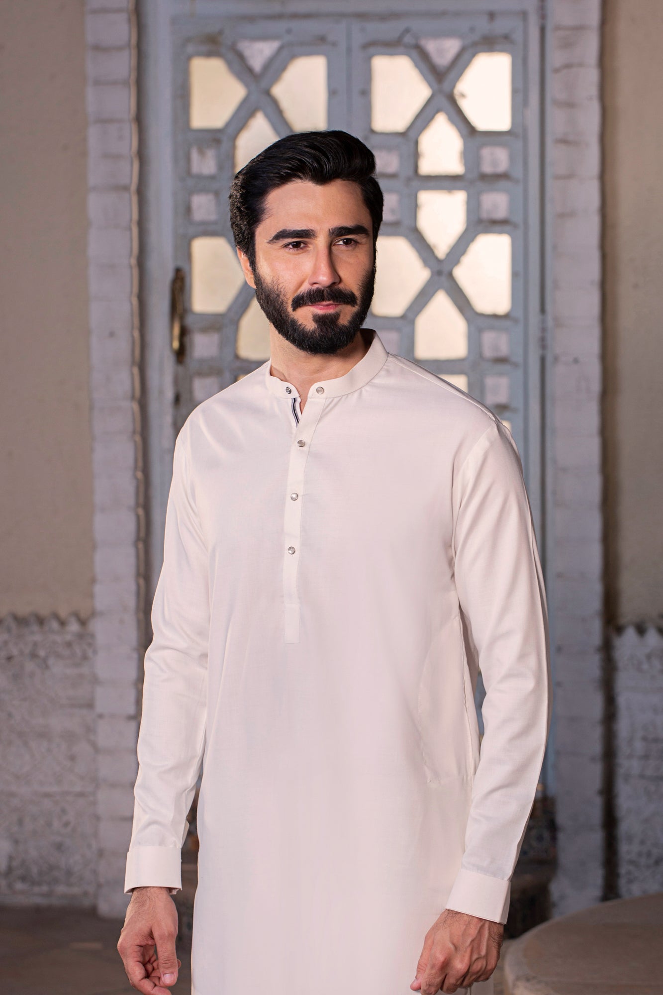 NAWABI METAL GLASS BUTTON STITCHED SUIT WITH SHALWAR - White