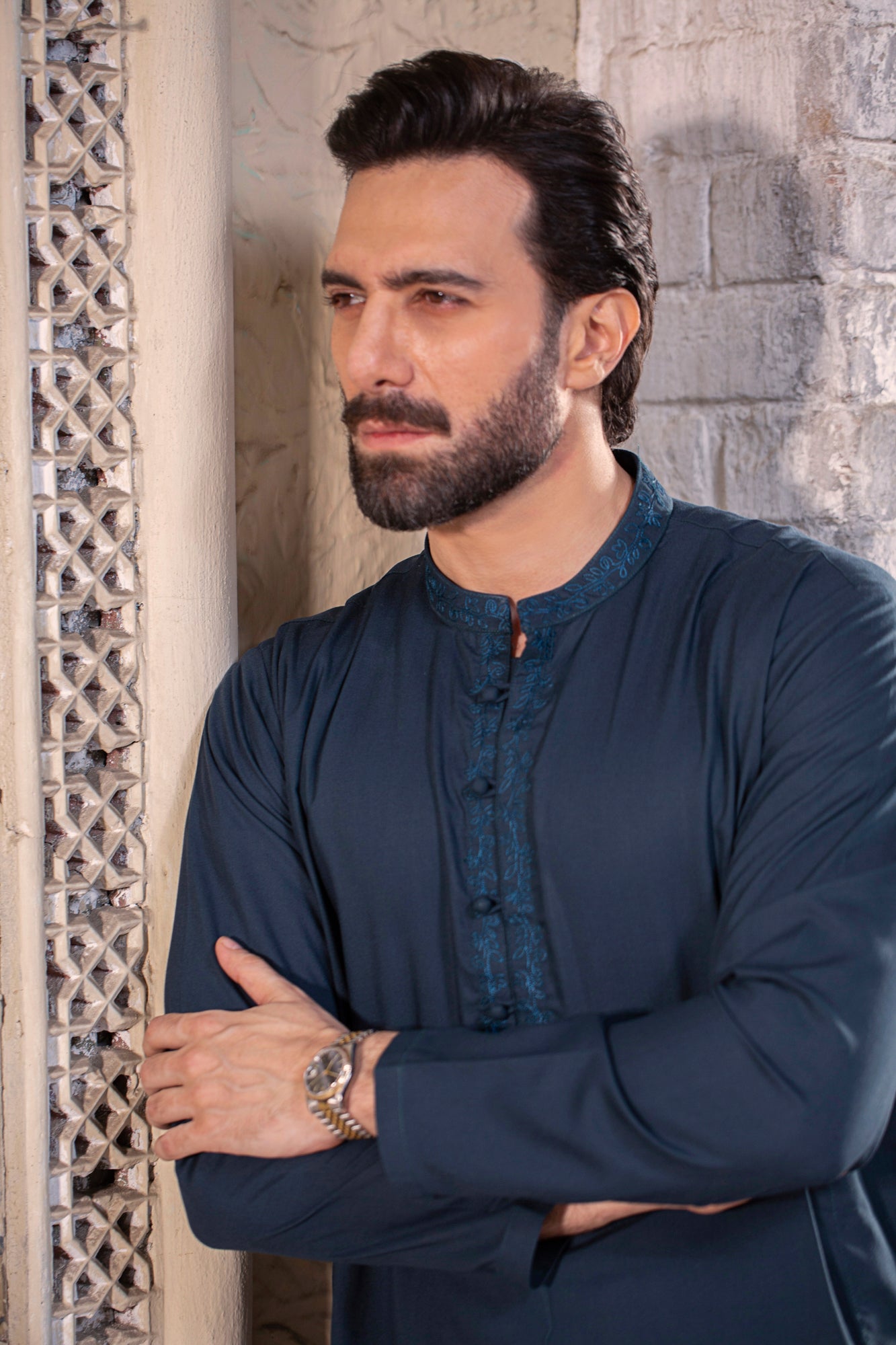 Taj Embroidered Stitched Suit - Navy