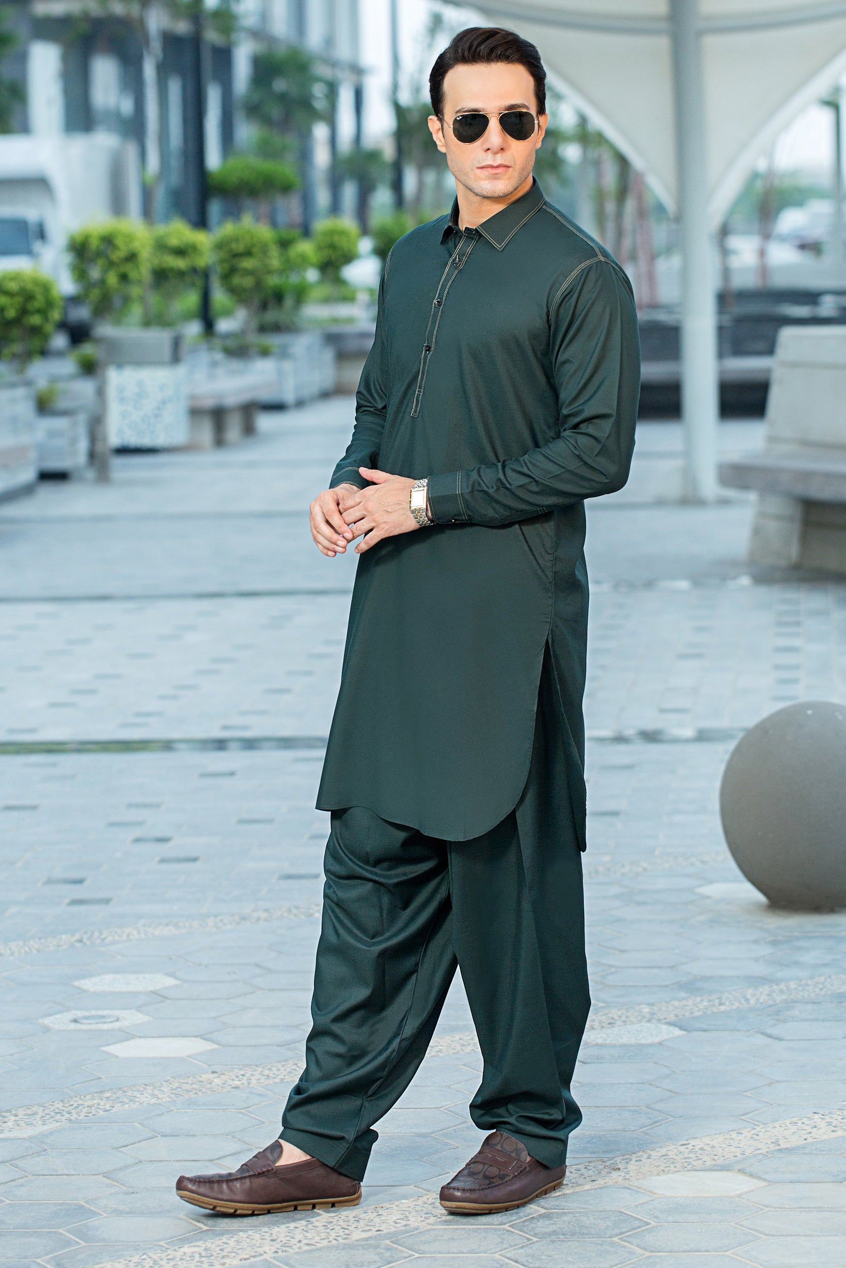 Stitched Shalwar with Kameez with Collar All Season - Amazon Green