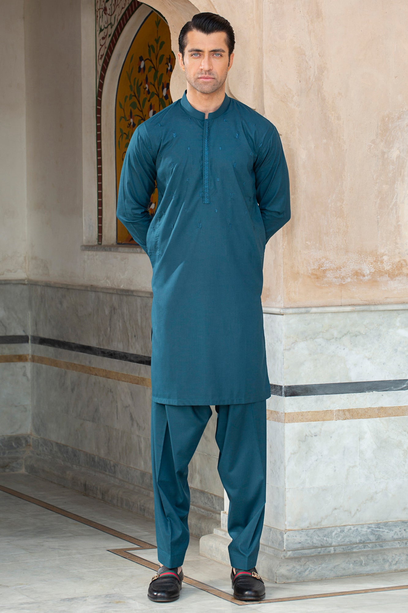 MUGHAL E AZAM HAND EMBROIDERED SUIT - Teal