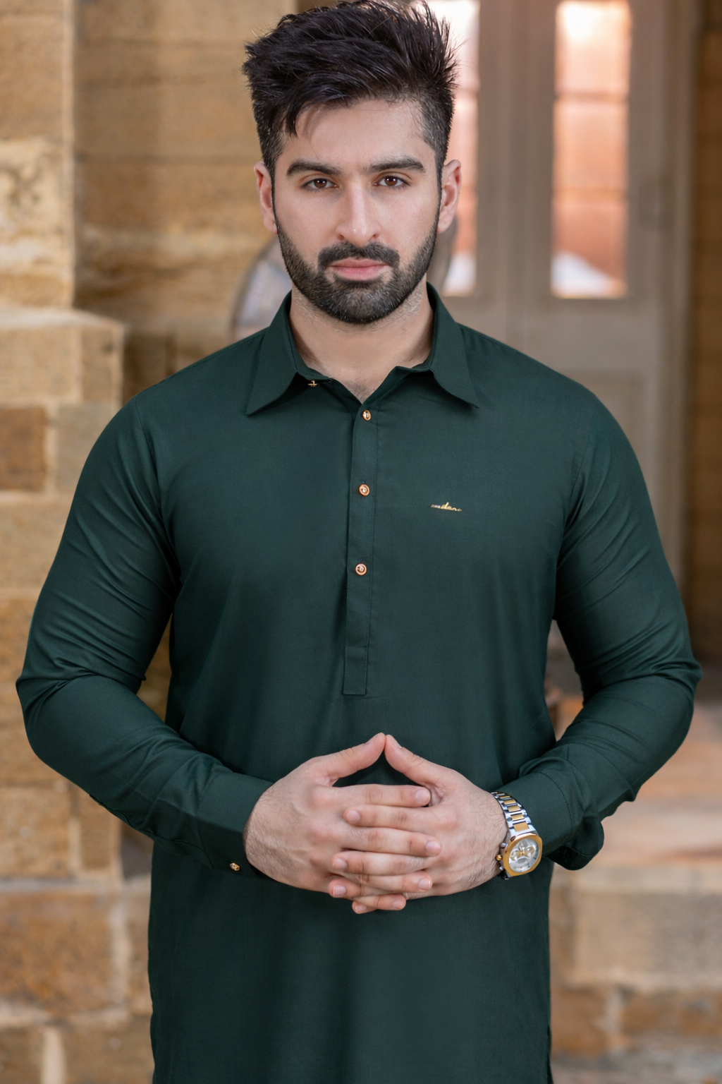 Stitched Shalwar Kameez with French Collar & Gol Gehra - Teal Green