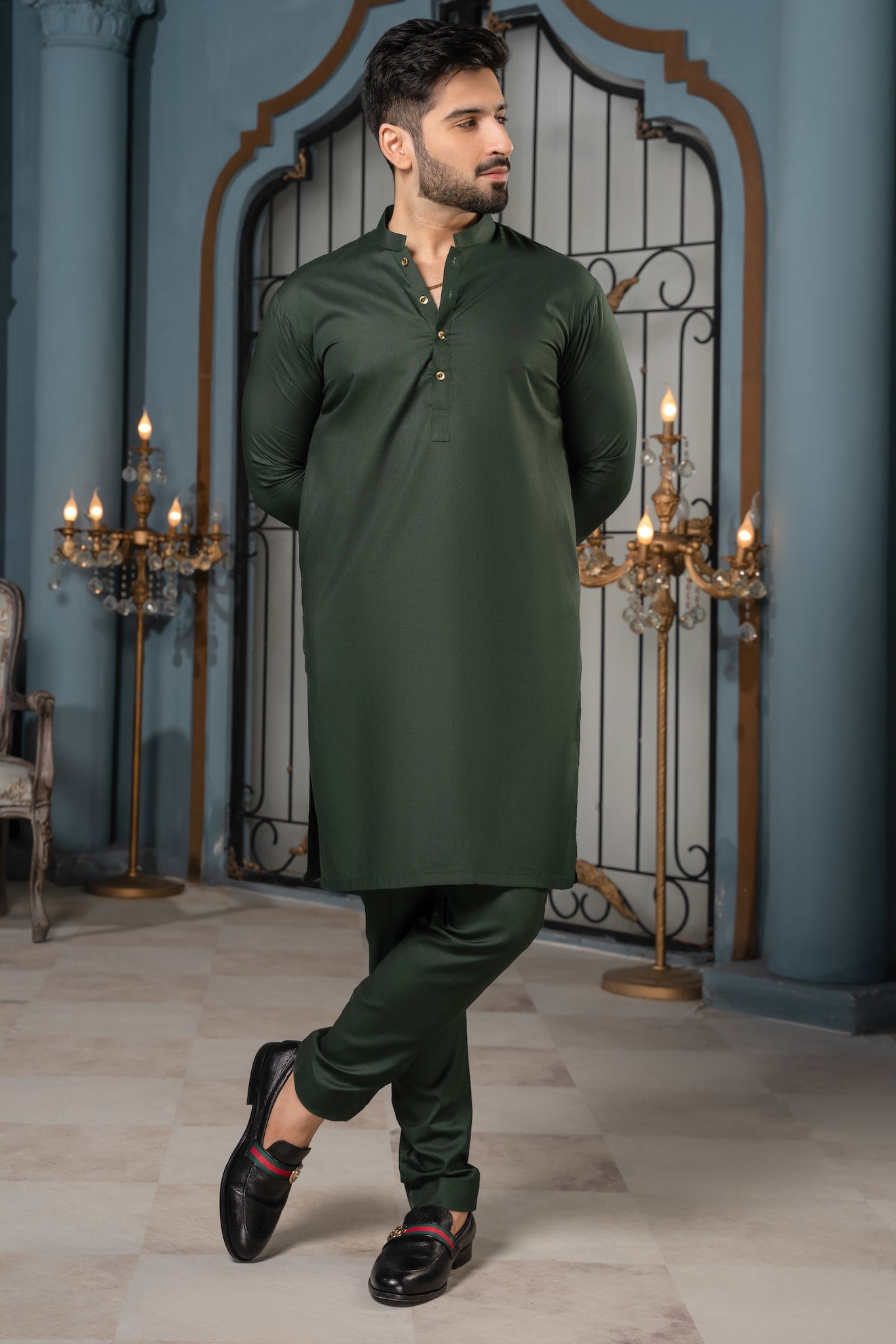 Stitched All Season Suit with Golden Button -  Amazon Green