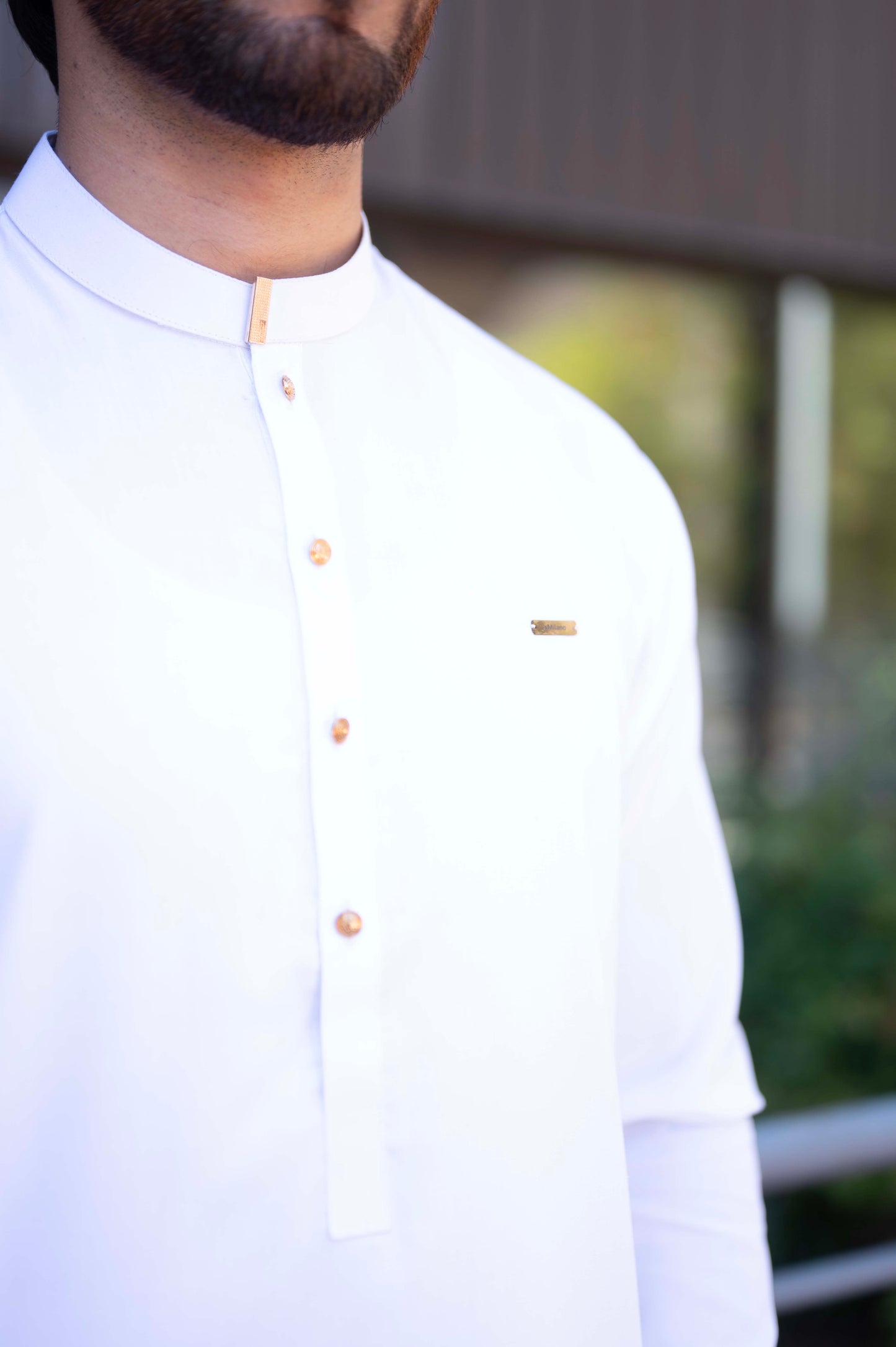 Formal Fall Mandarin Stitched Suit with Laser Badge - Egg White
