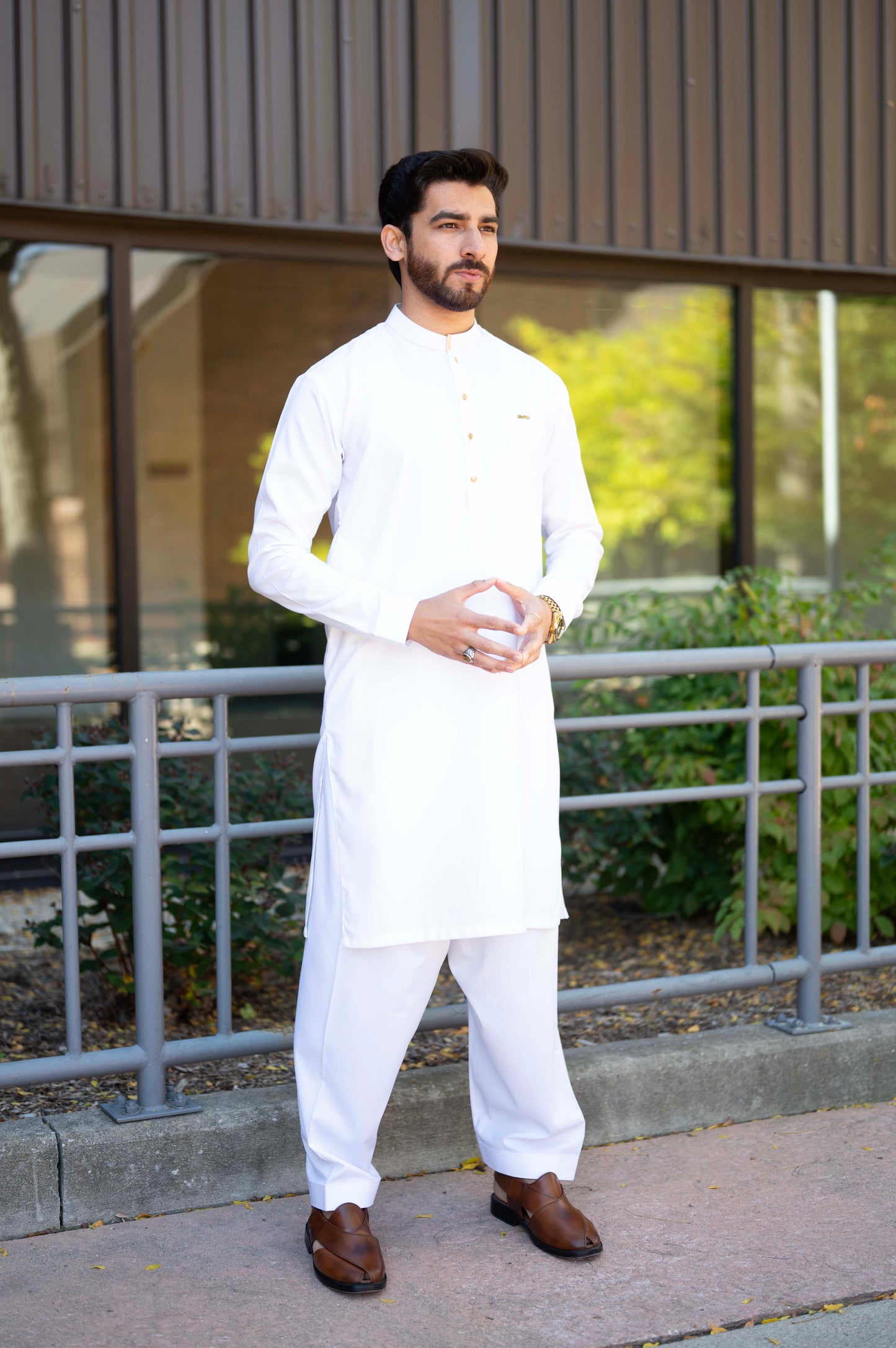 Formal Fall Mandarin Stitched Suit with Laser Badge - Egg White