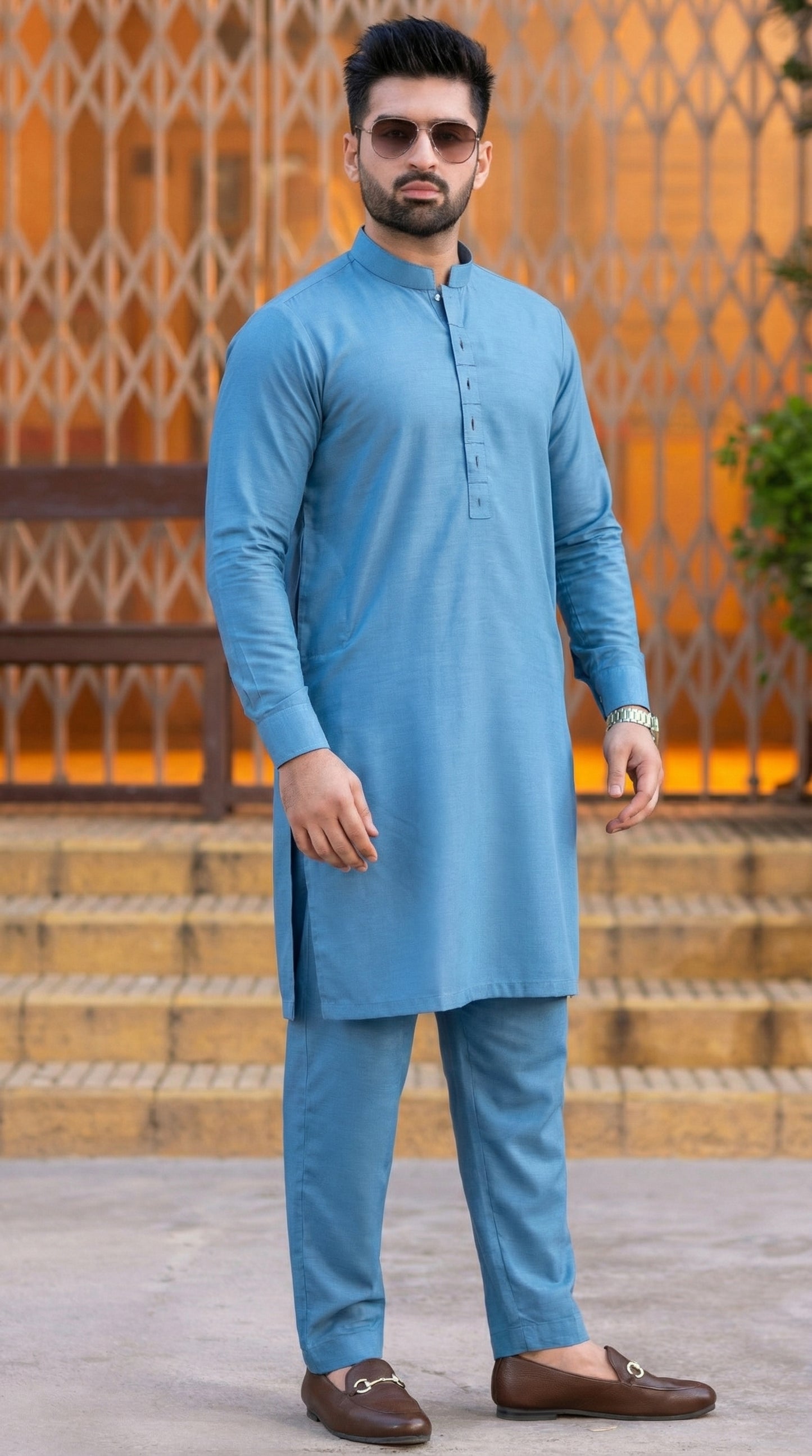 Silver contrast stitch & box patti Kurta Trouser-Sea blue