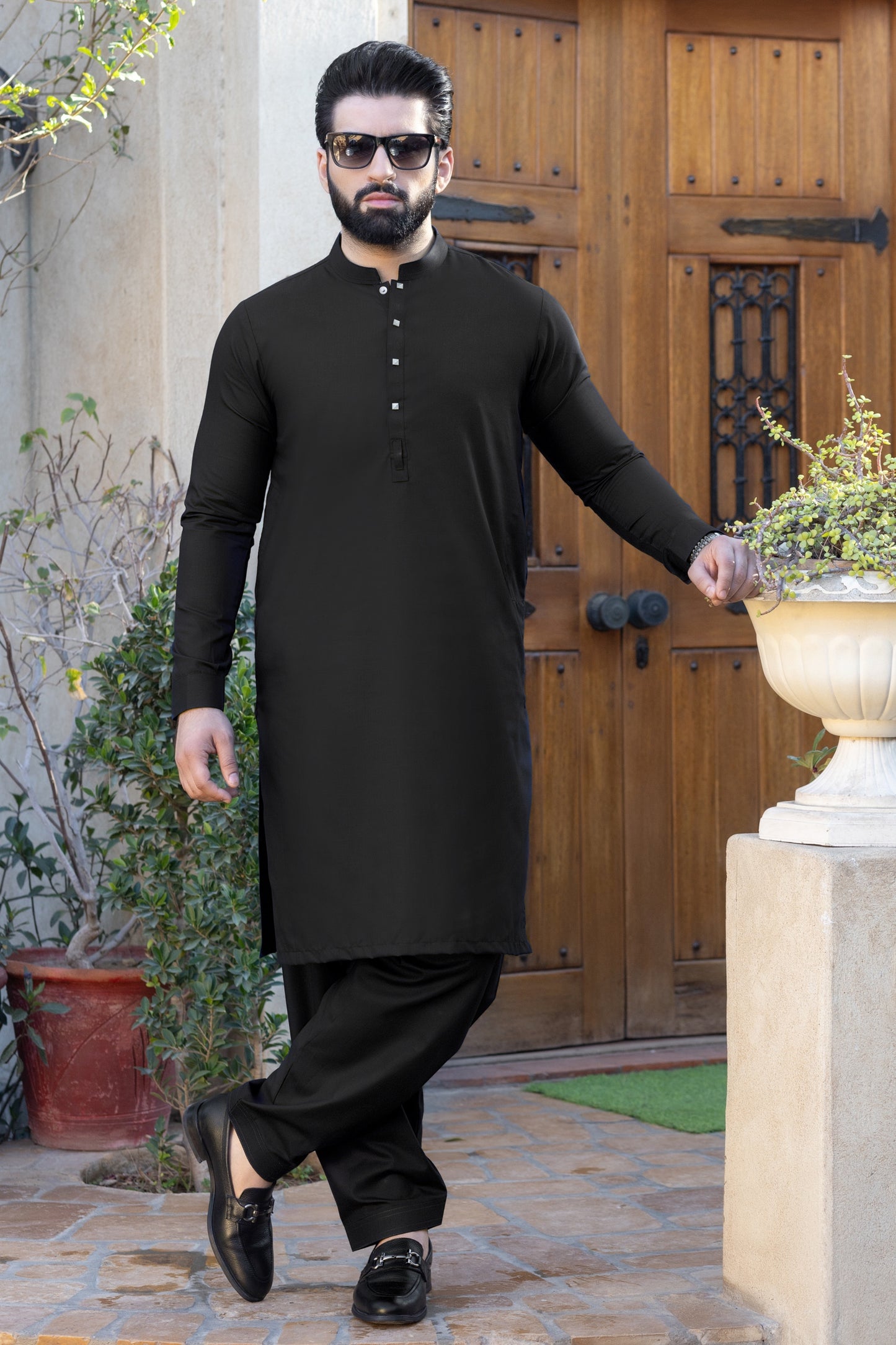 Black Nawabi Metal Button Stitched Suit Shalwar