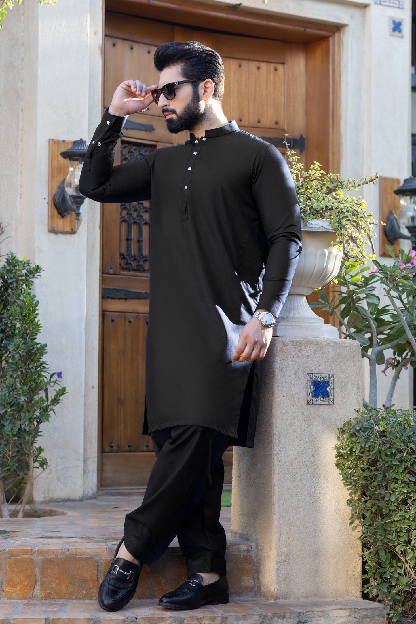Black Nawabi Metal Button Stitched Suit Shalwar