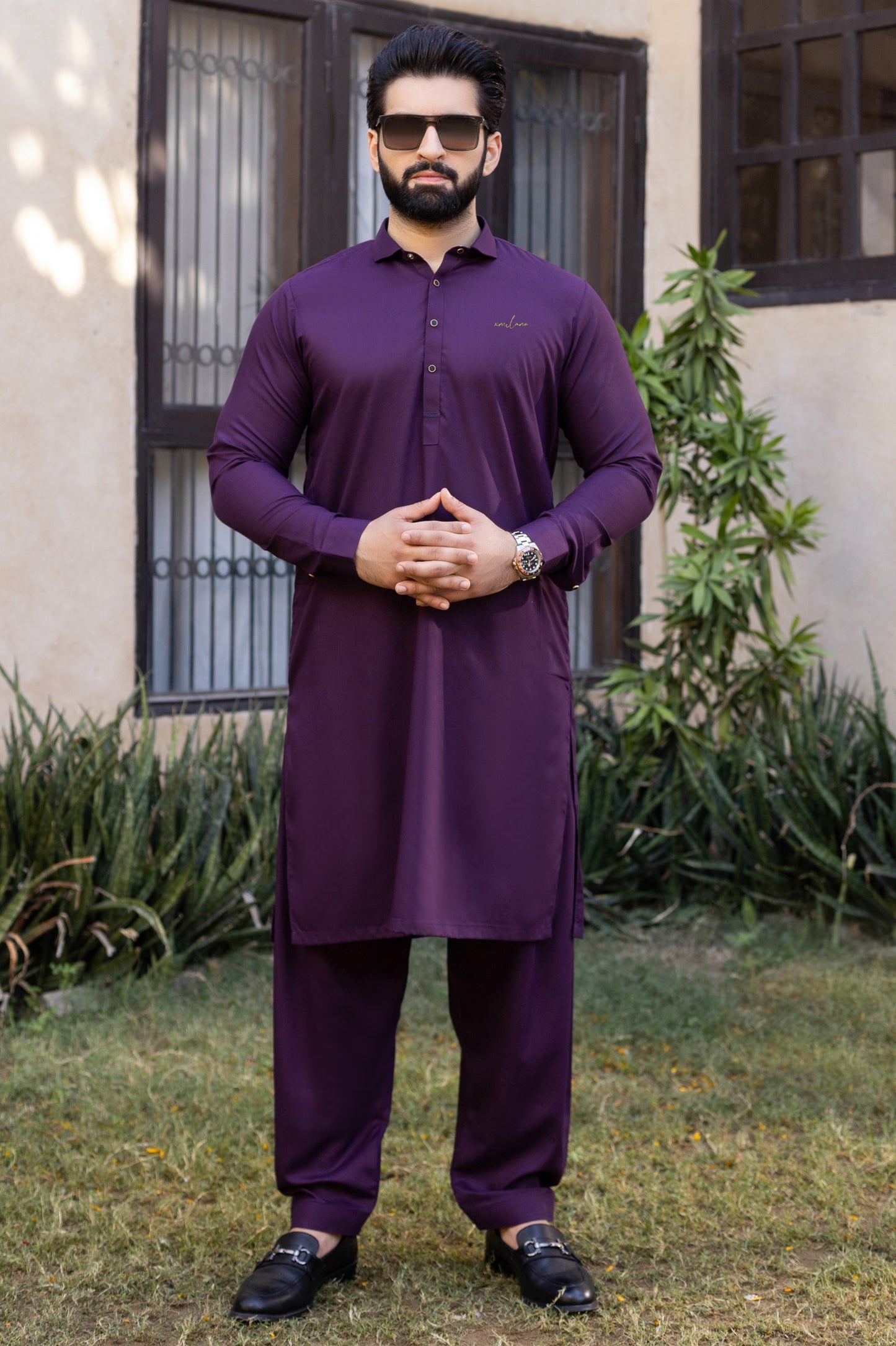 Signature French Collar Stitched Suit - Dark Purple