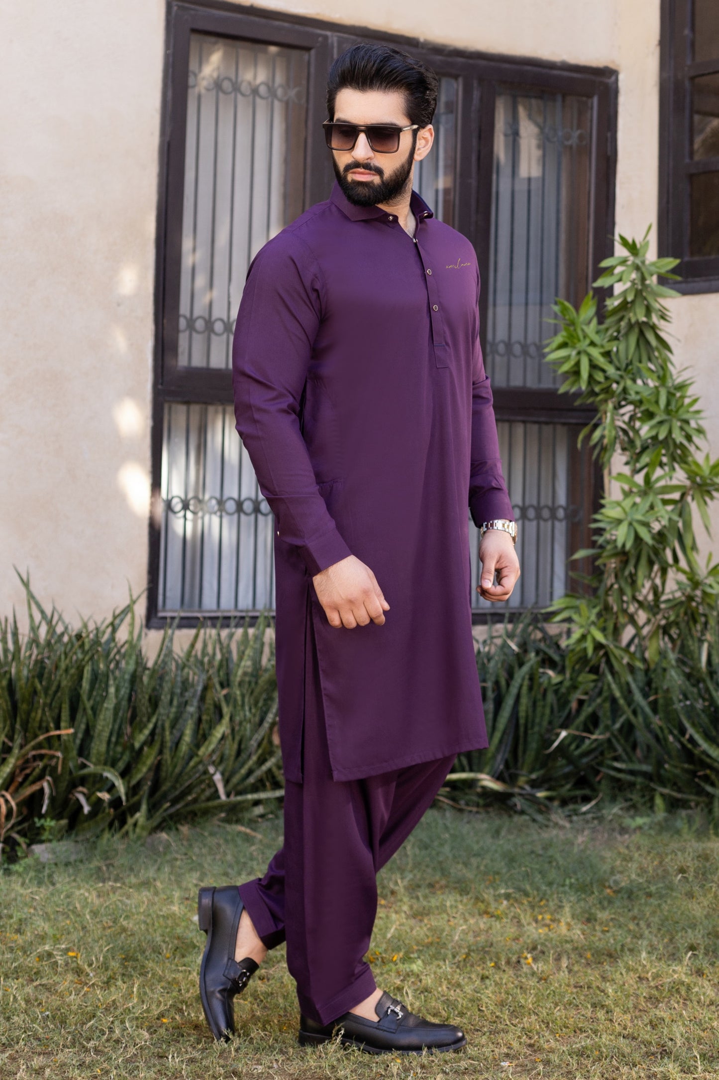 Signature French Collar Stitched Suit - Dark Purple