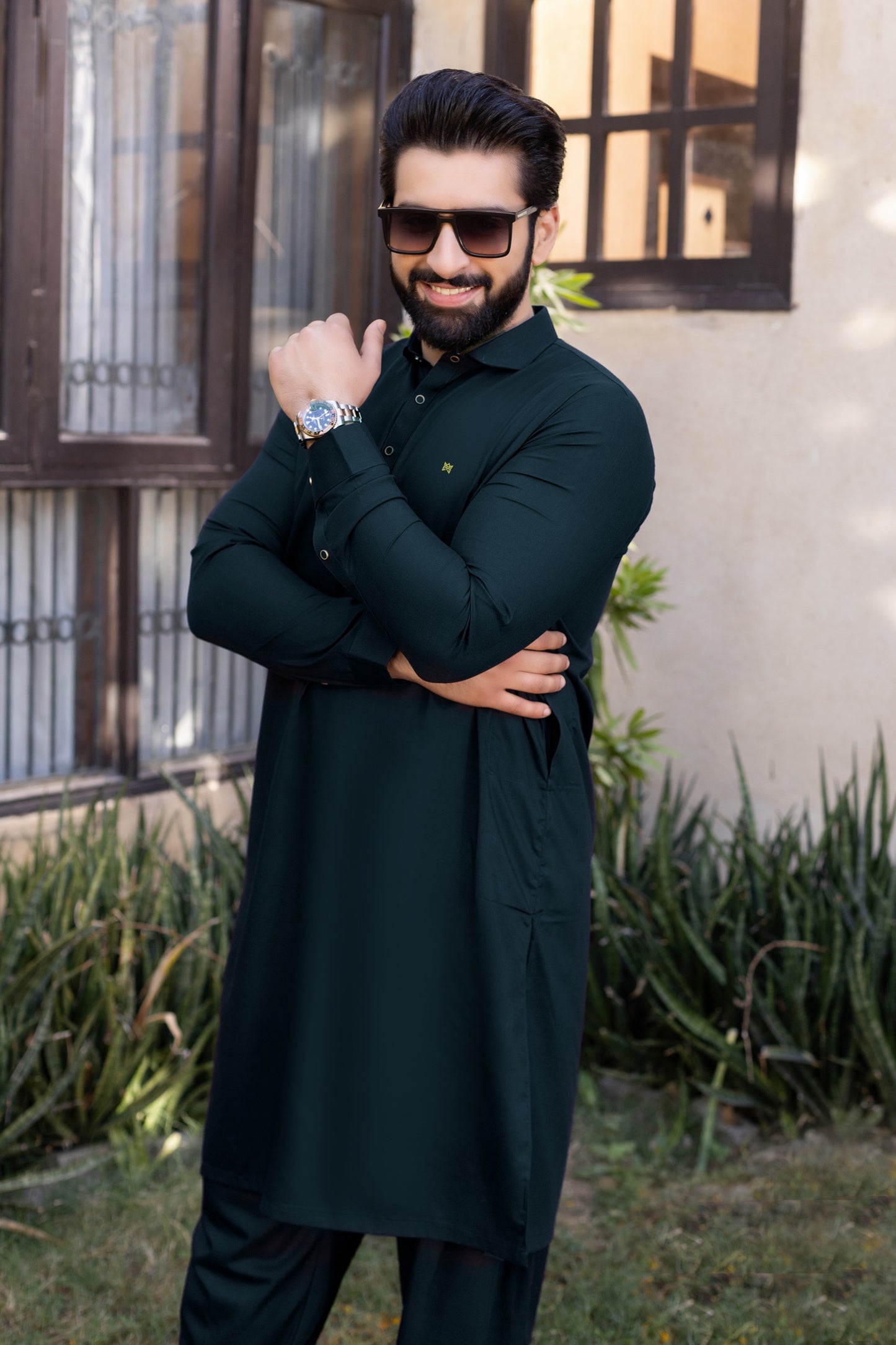 Seagreen French Cutaway Collar Suit with Shalwar & Logo
