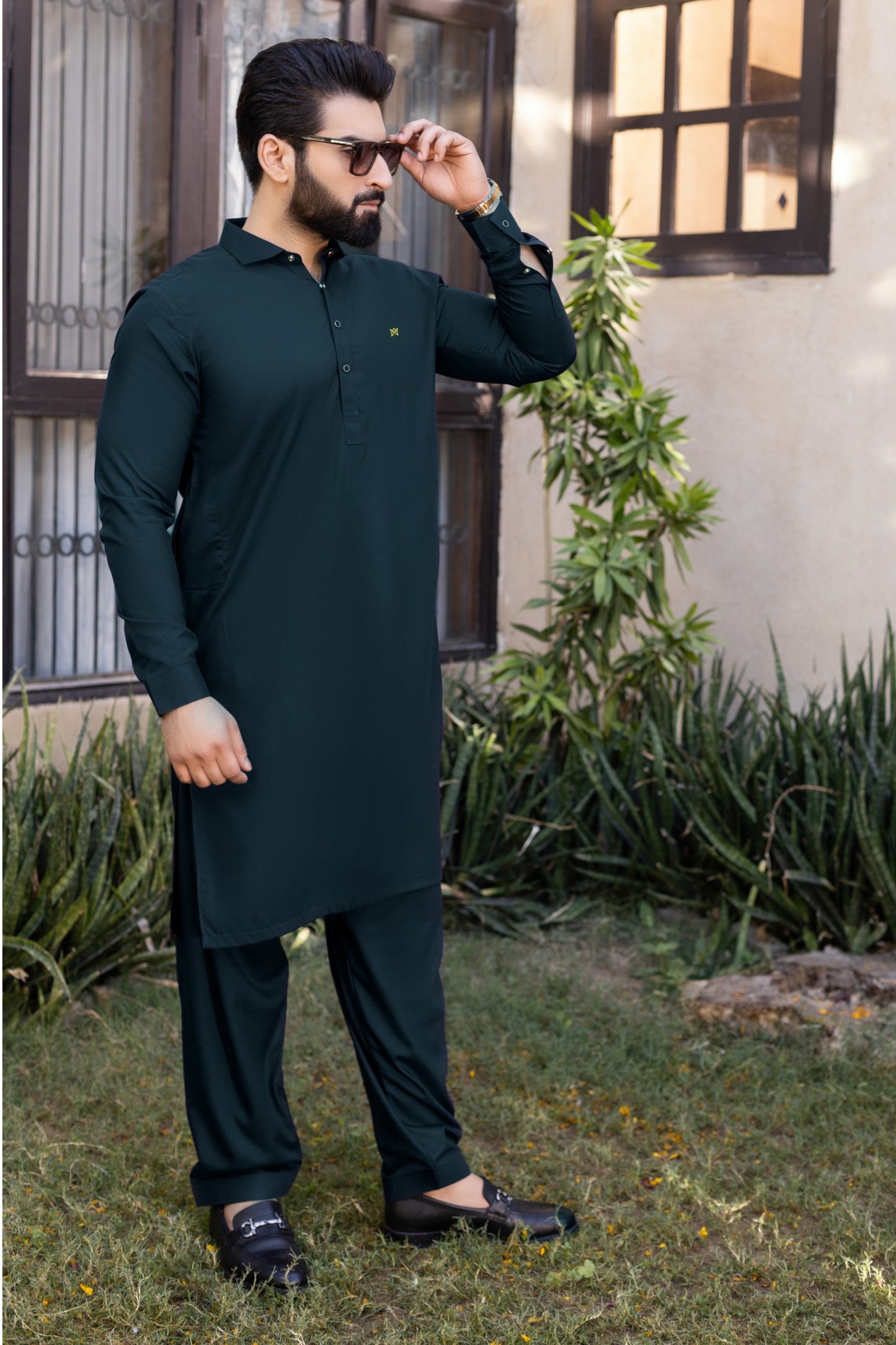 Seagreen French Cutaway Collar Suit with Shalwar & Logo