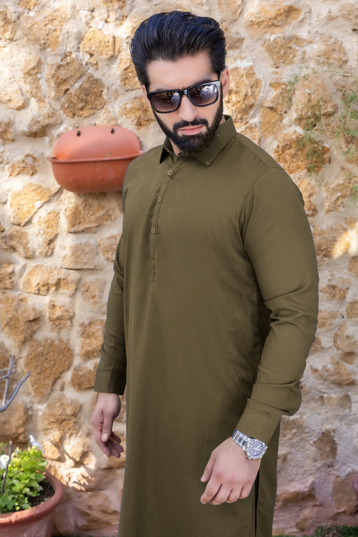 Royal Stitched Suit with Shalwar - Olive