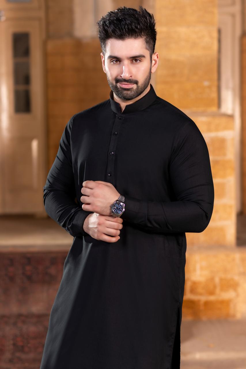 Black standing long heighted ban kameez with matching button