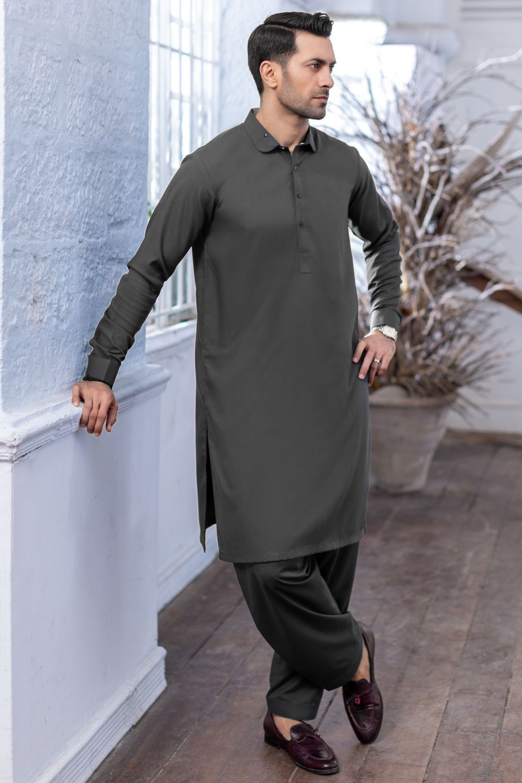 Classic Round Collar Stitched Suit - Charcoal