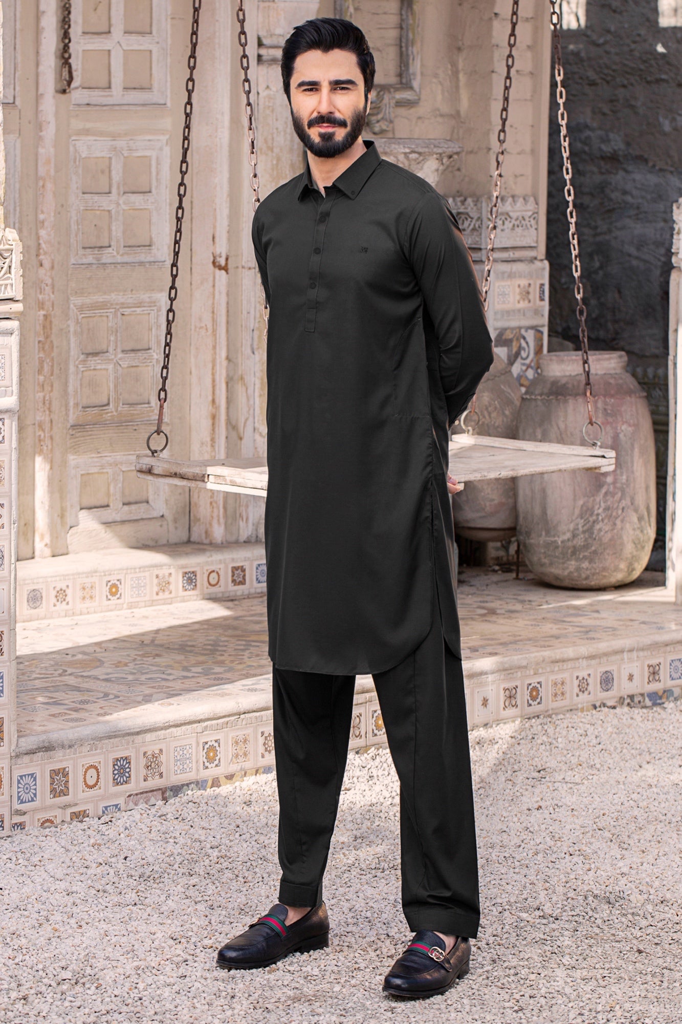 Button Collar with matching embroidery Stitched Shalwar with Kameez - Black