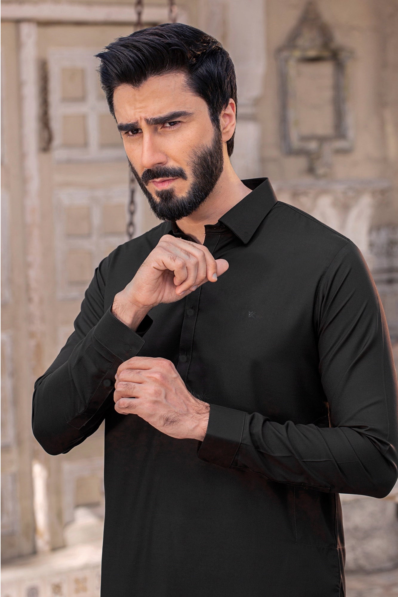 Button Collar with matching embroidery Stitched Shalwar with Kameez - Black