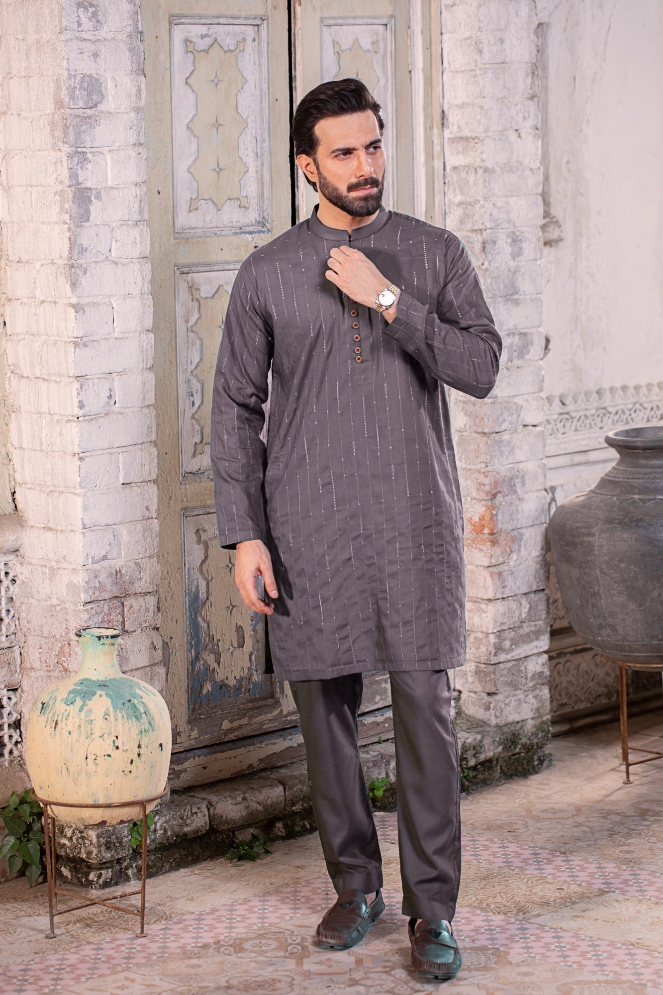 Dark Margenta Shiffle Embroidered Stitched Suit
