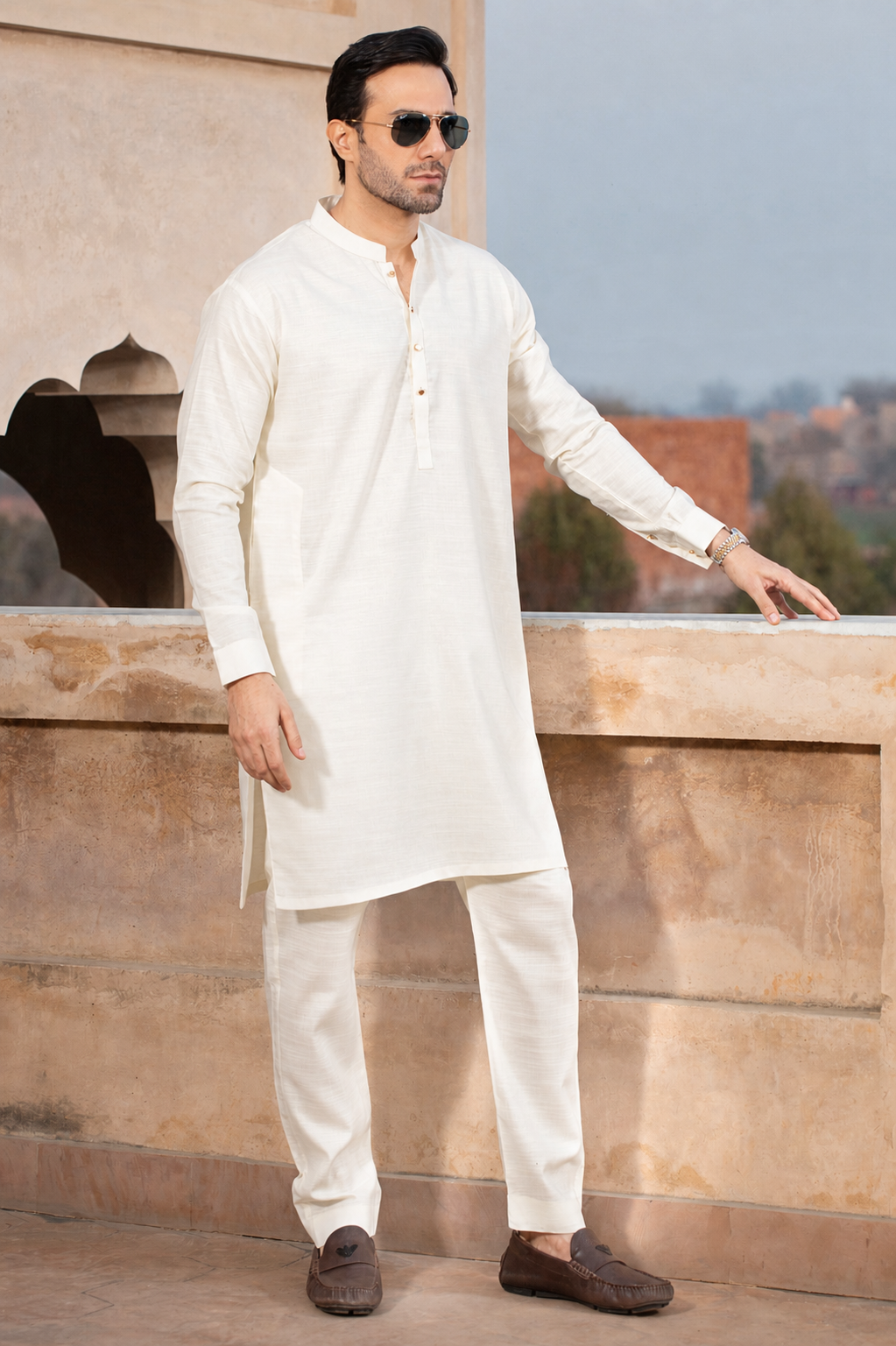 FESTIVE COLLECTION SLUB STITCHED SUIT - EGG WHITE