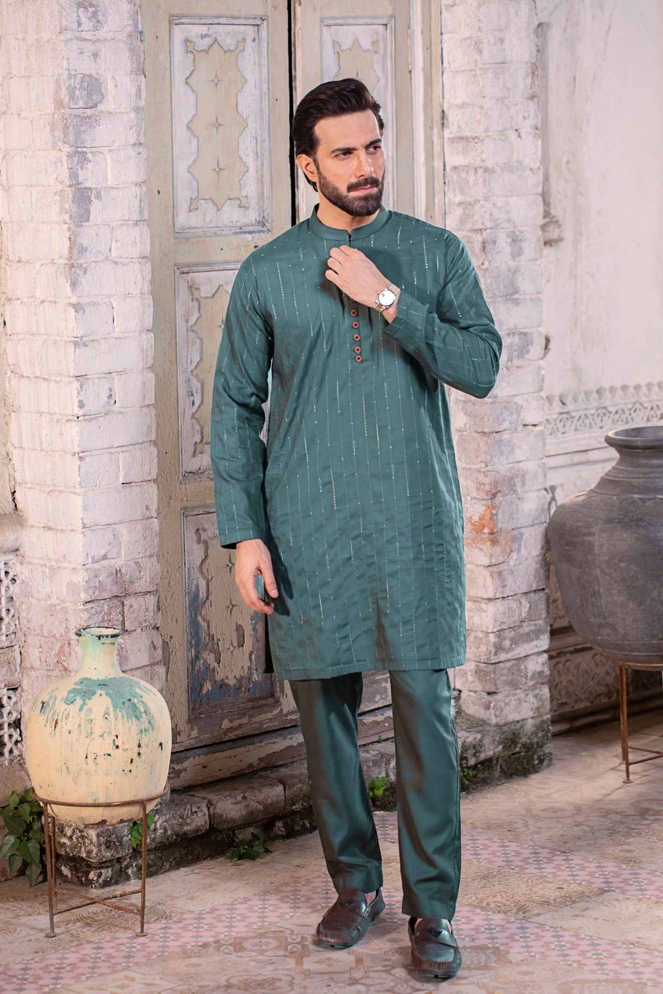 Sultan Allover Embroidered Suit - Jade Green